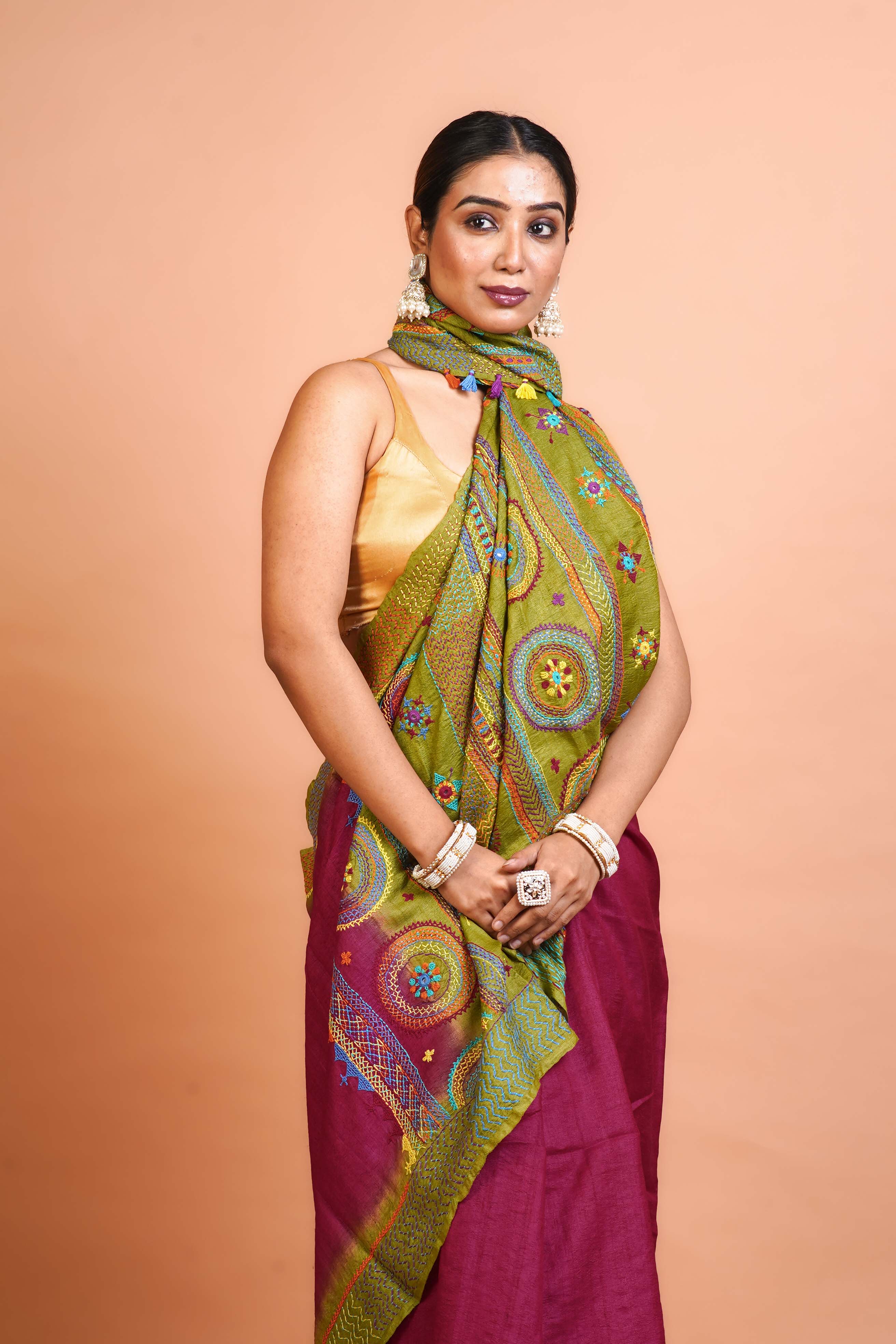 Magenda and Green Tussar  Saree With Blouse Piece