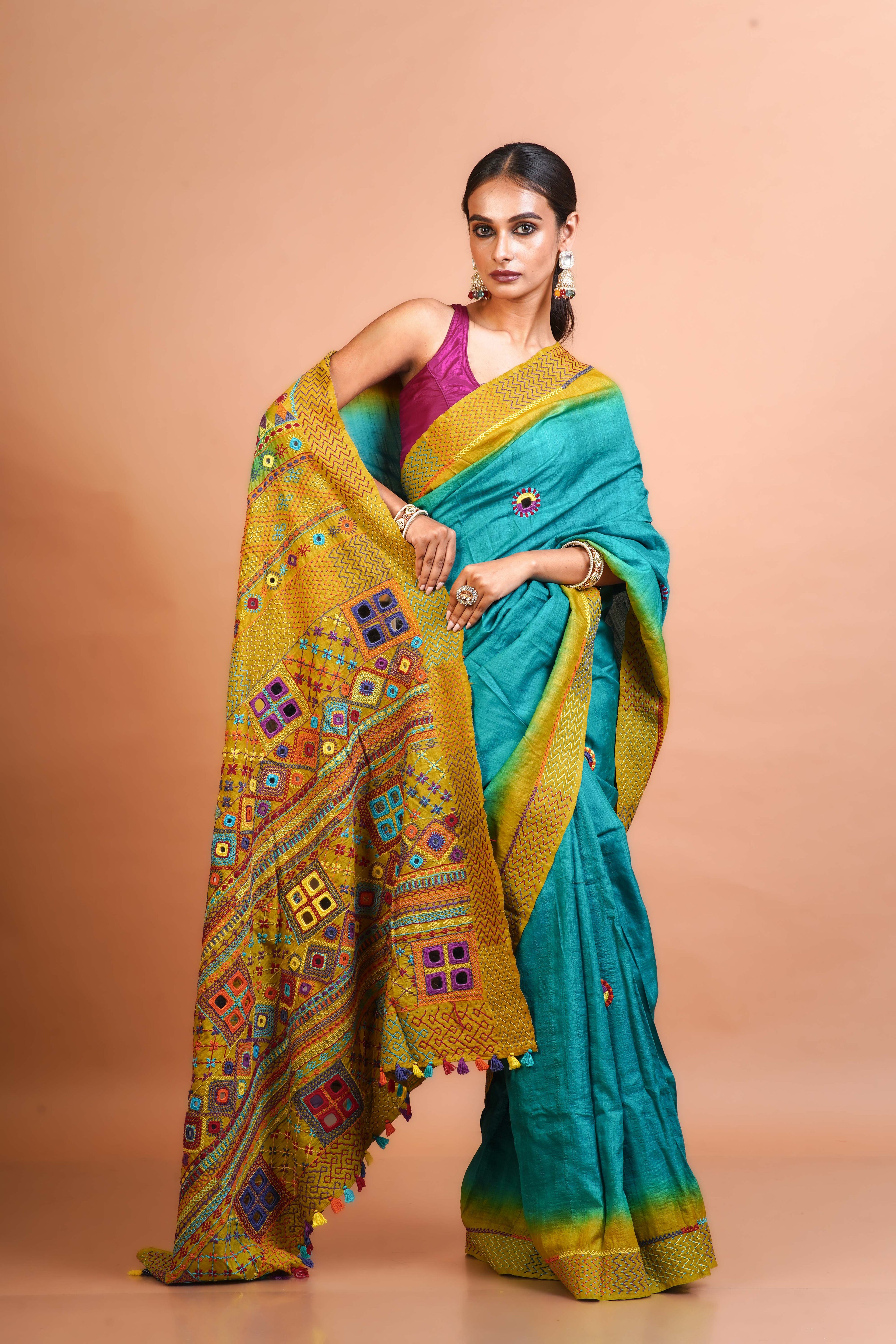 Teal Blue and lemon Yellow Tussar  Saree With Blouse Piece