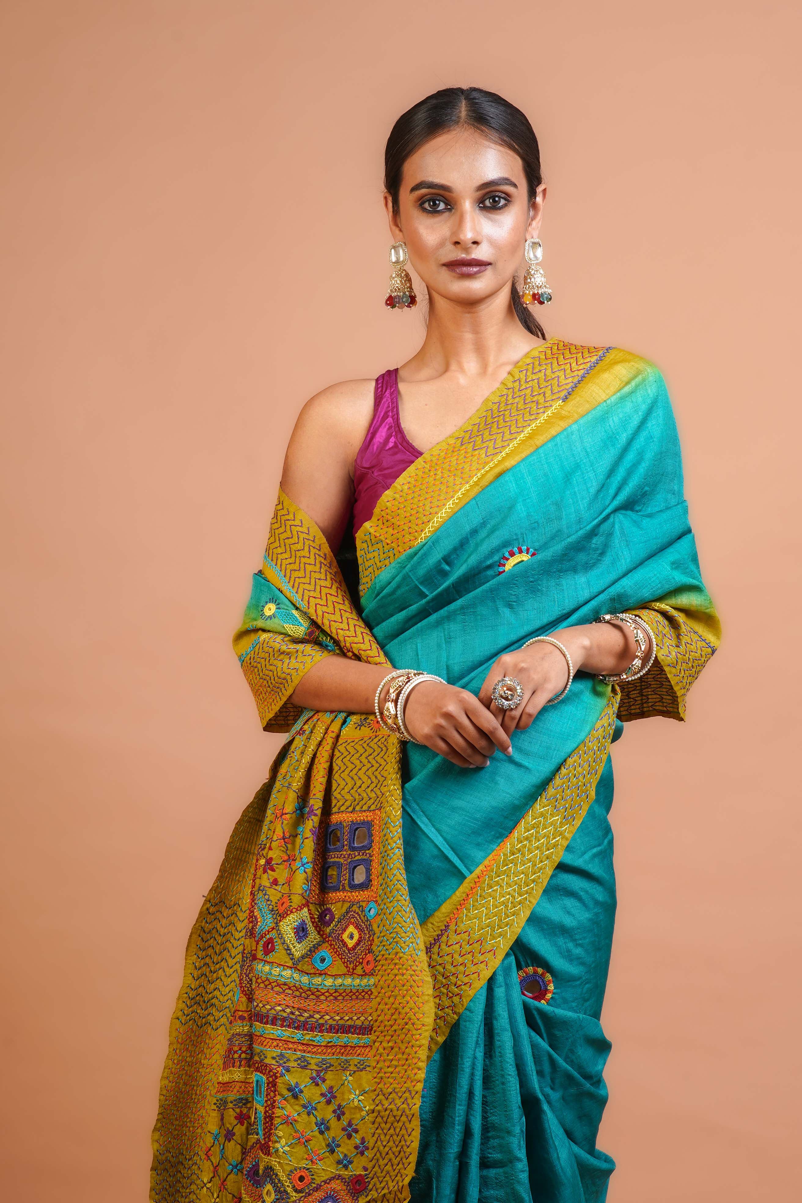 Teal Blue and lemon Yellow Tussar  Saree With Blouse Piece