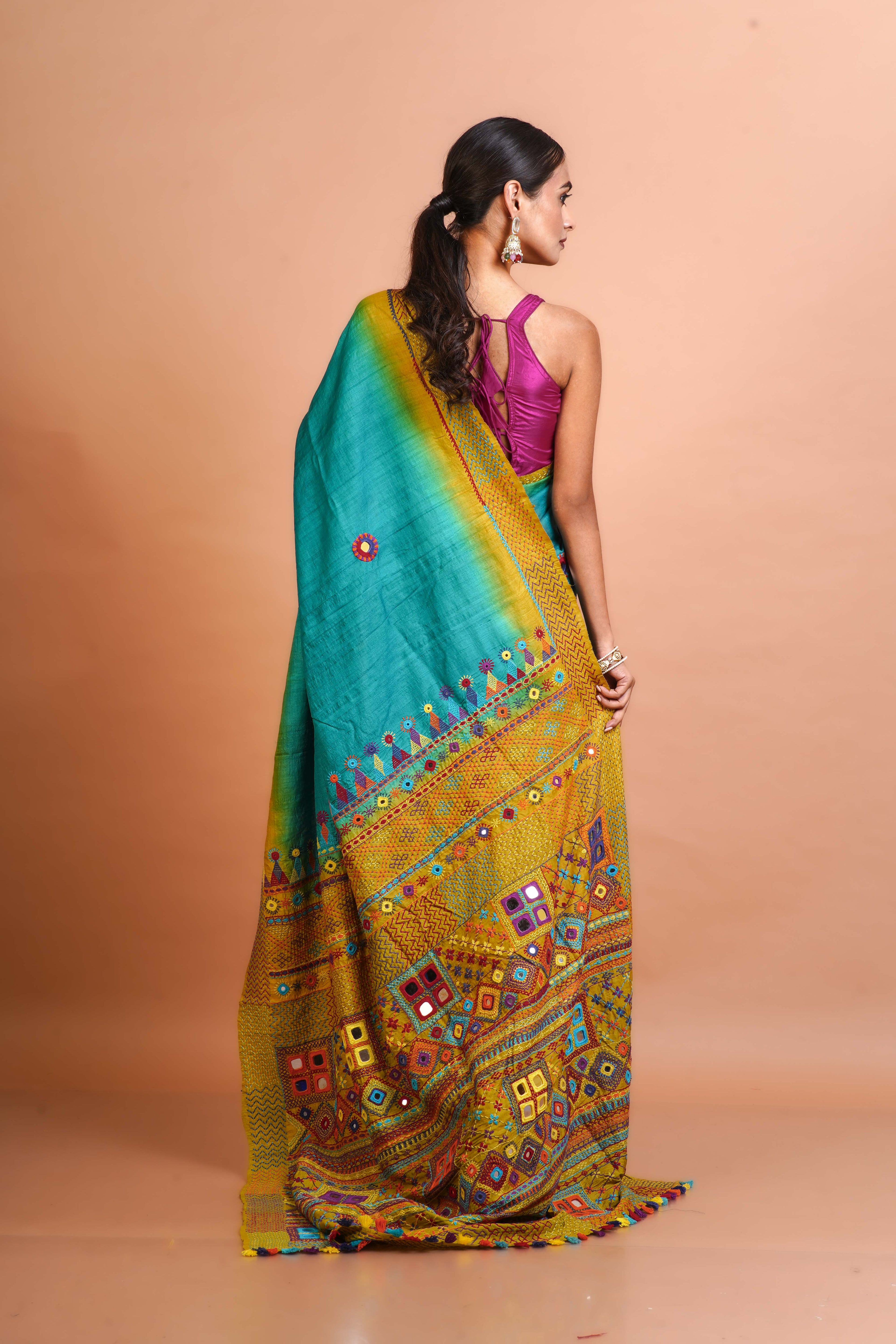 Teal Blue and lemon Yellow Tussar  Saree With Blouse Piece