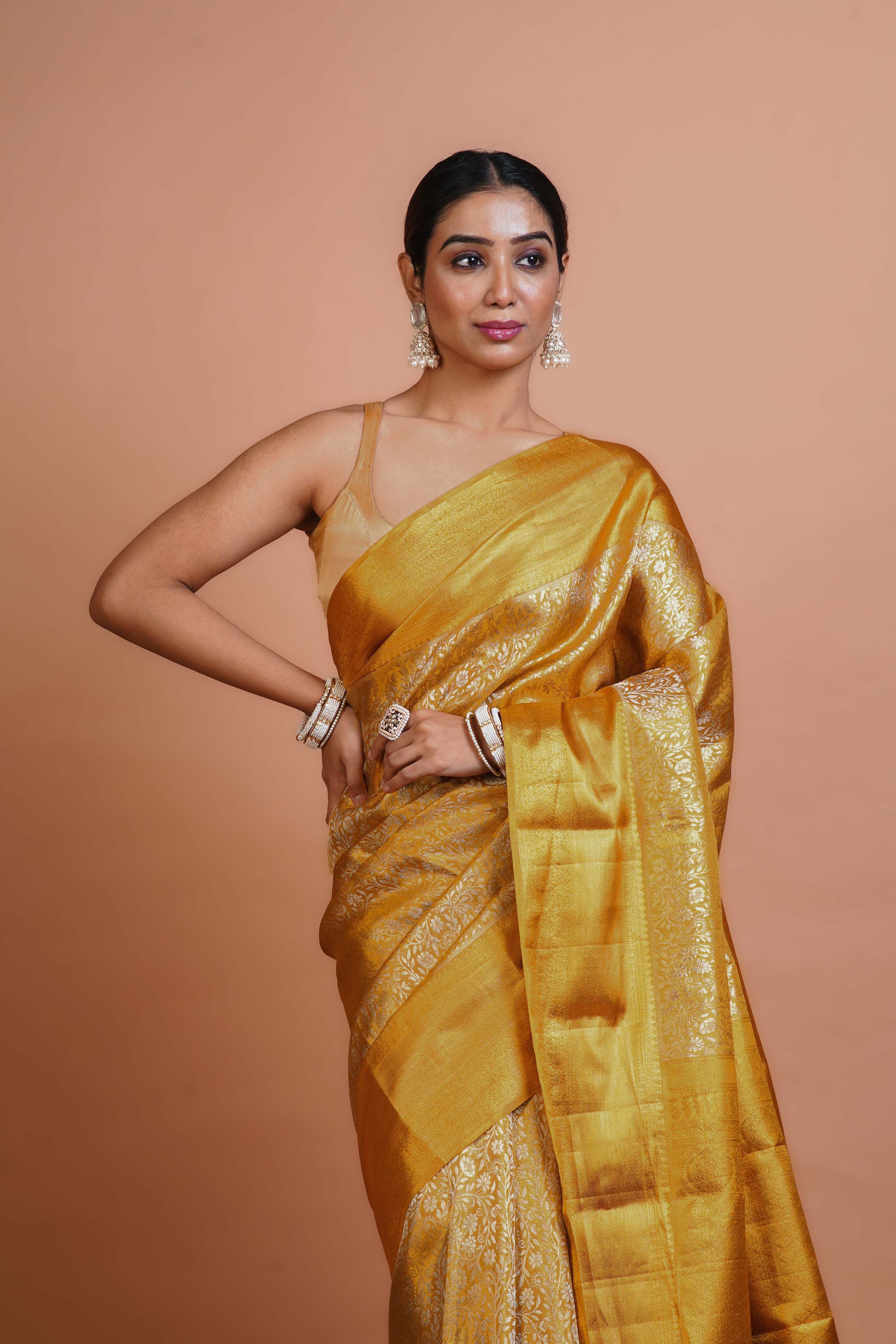 Golden Tissue Silk Kanjivaram Saree With Blouse Piece