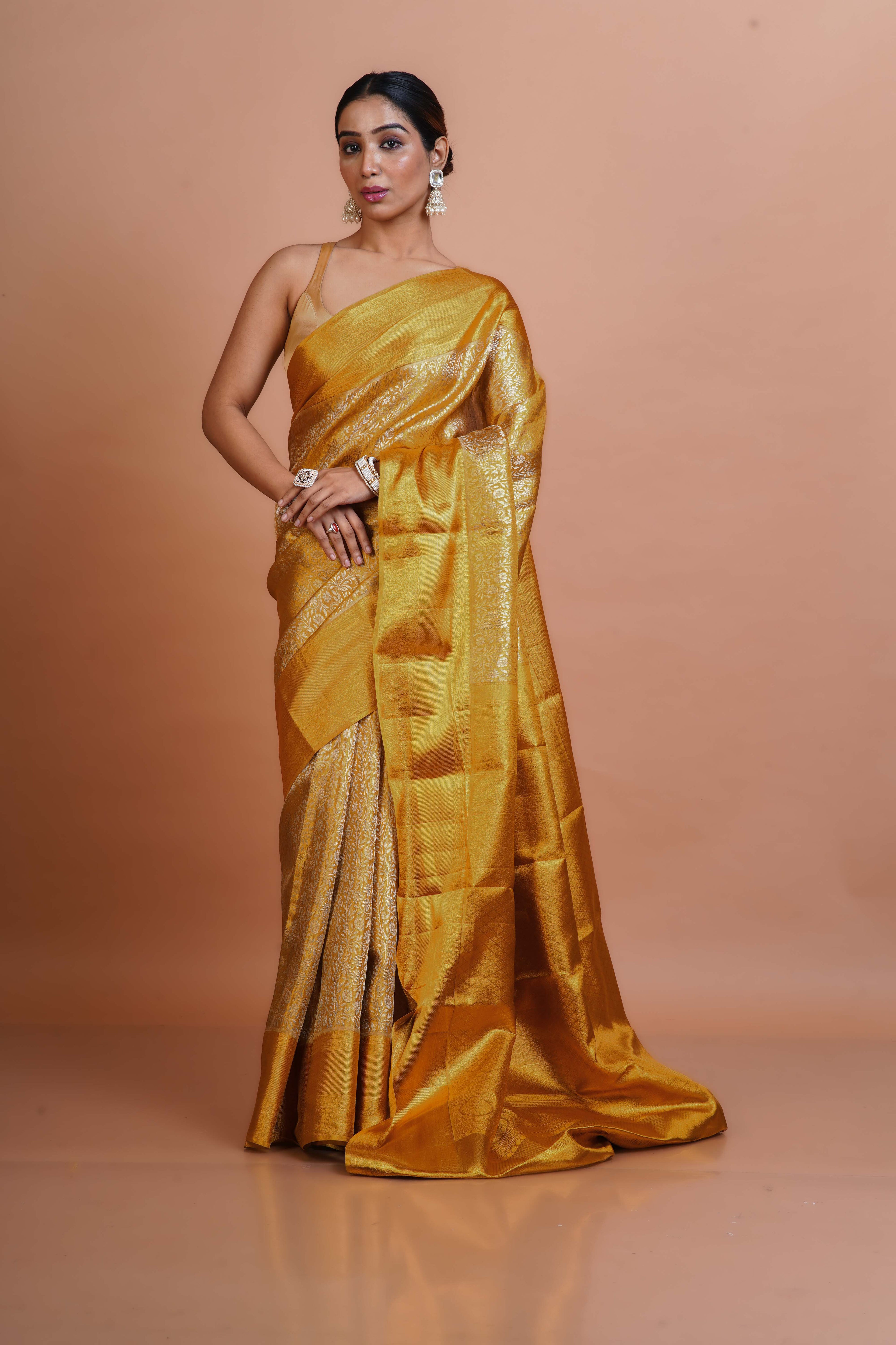 Golden Tissue Silk Kanjivaram Saree With Blouse Piece