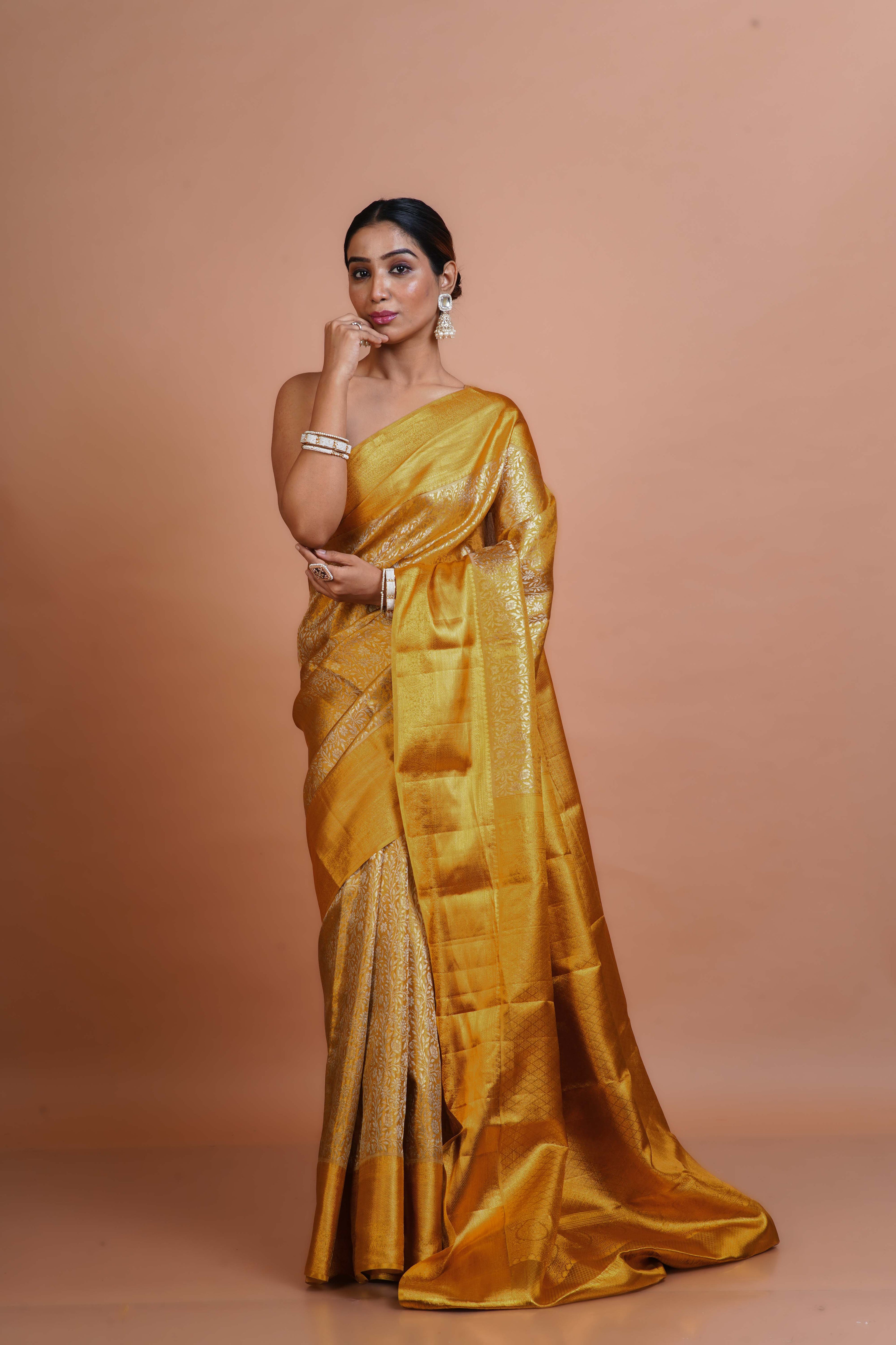Golden Tissue Silk Kanjivaram Saree With Blouse Piece