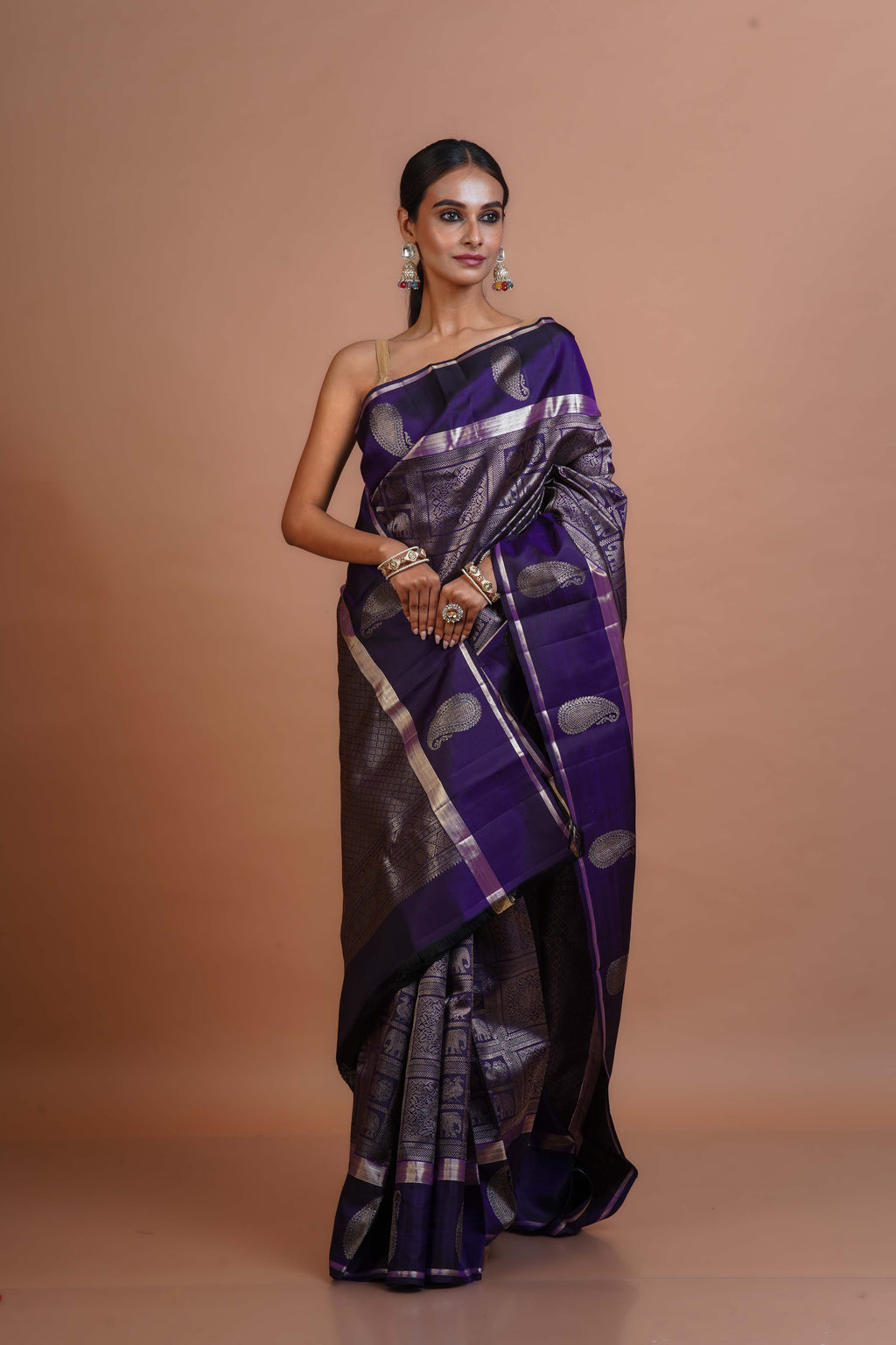 Deep Purple Silk Kanjivaram Saree With Blouse Piece