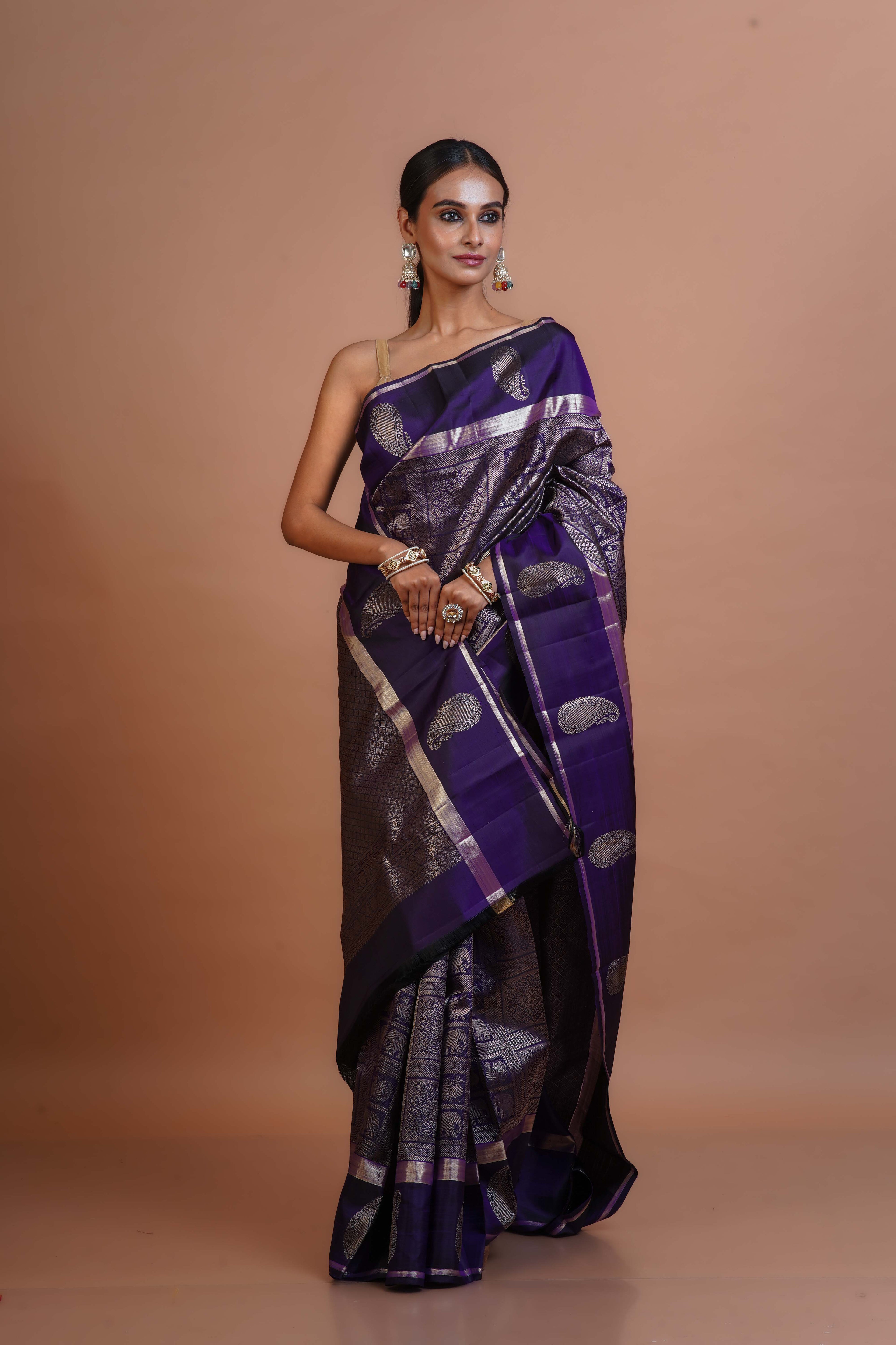 Deep Purple Silk Kanjivaram Saree With Blouse Piece