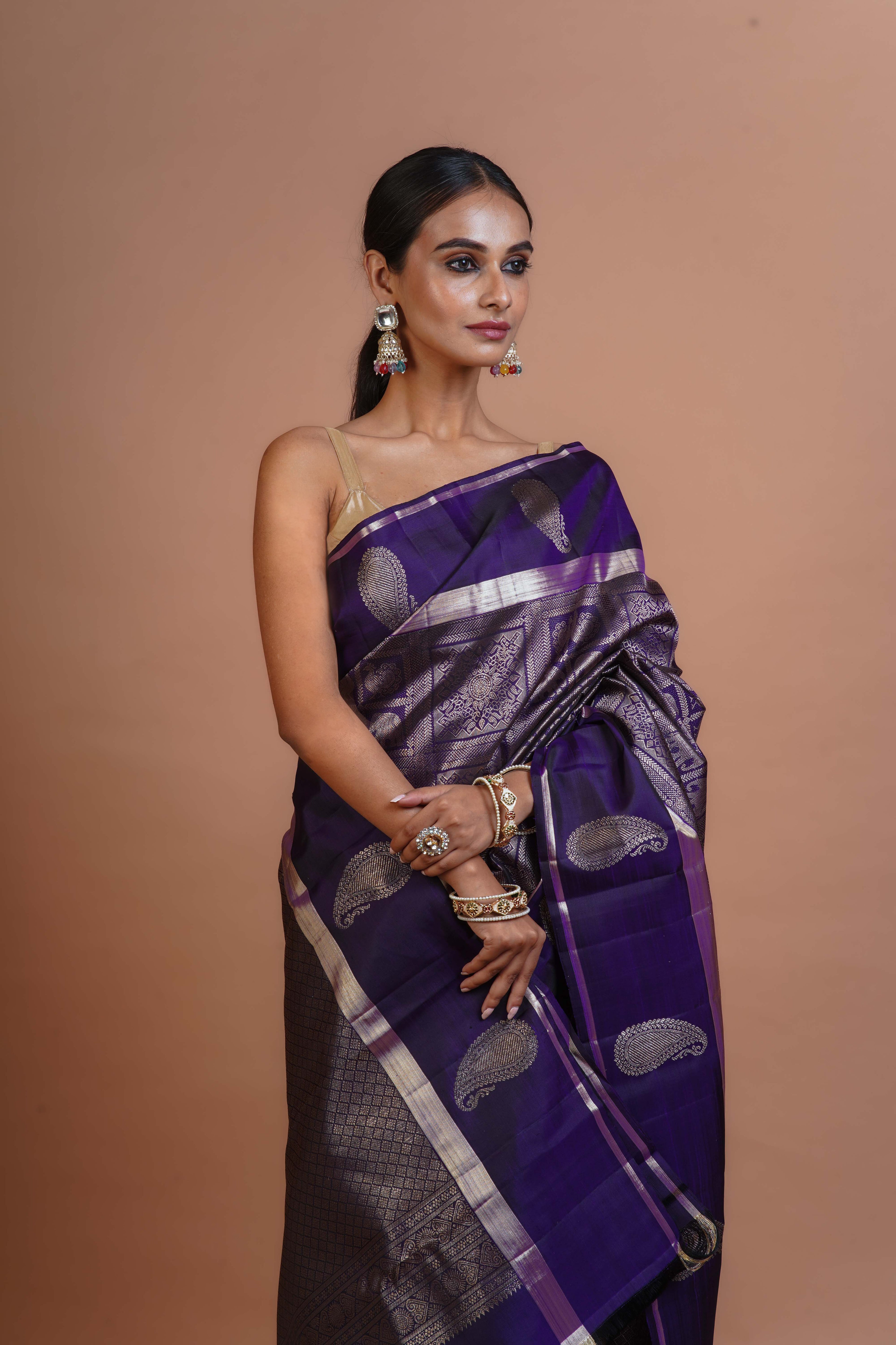 Deep Purple Silk Kanjivaram Saree With Blouse Piece