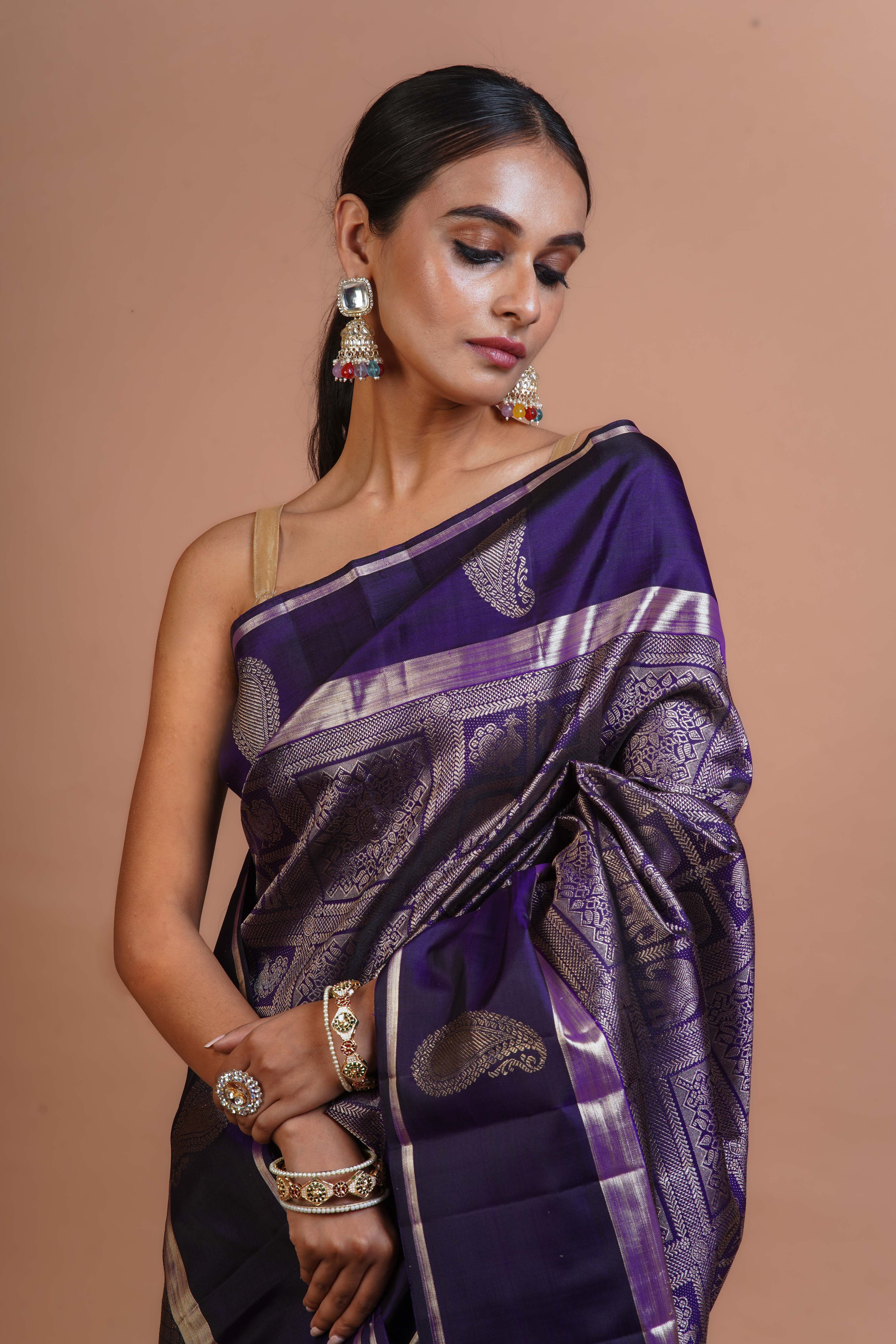 Deep Purple Silk Kanjivaram Saree With Blouse Piece
