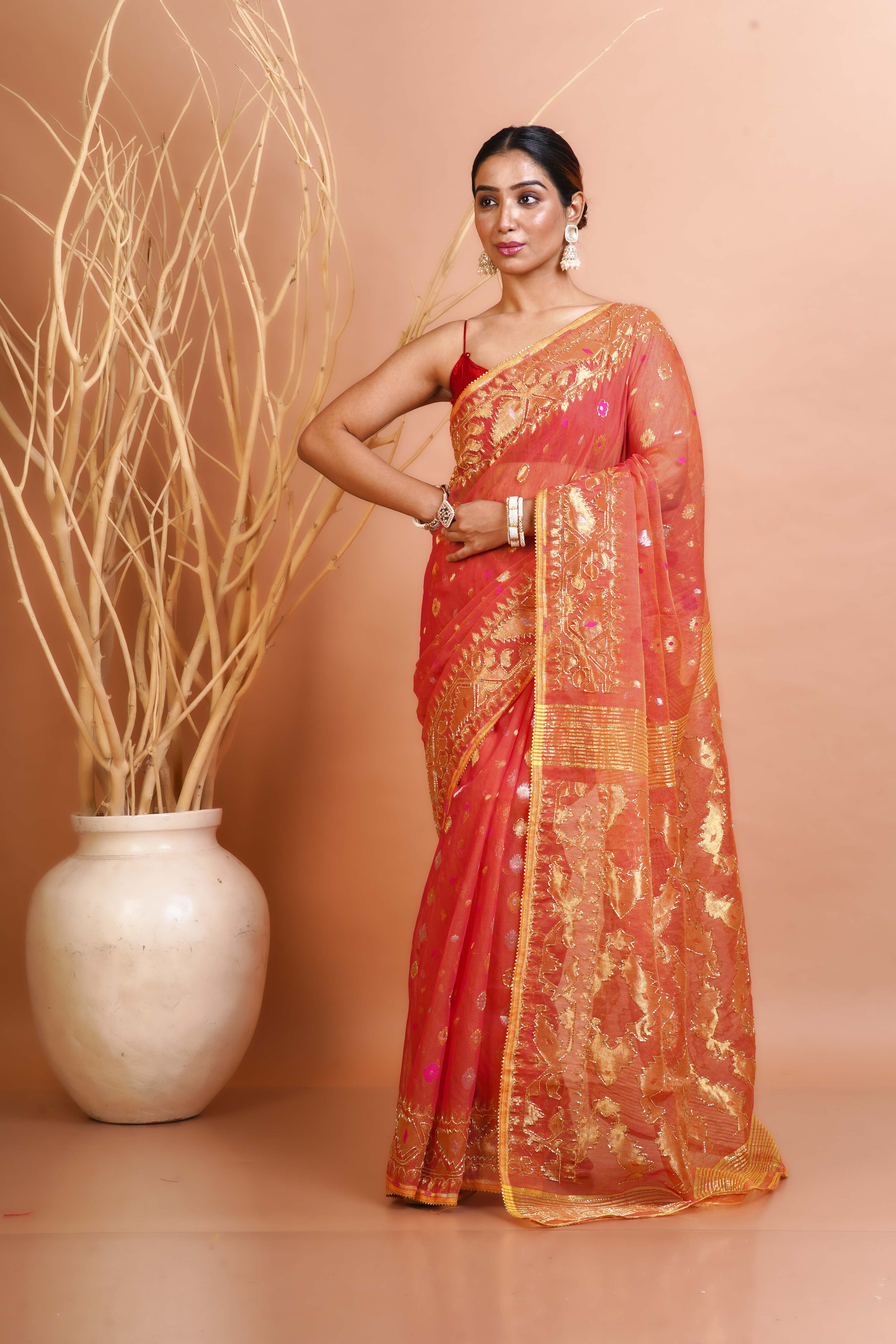 Pink Yellow Dual Tone  Jamdani Saree With Blouse Piece