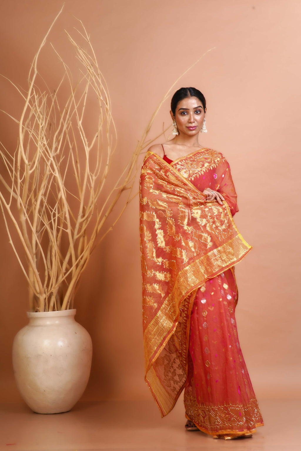 Pink Yellow Dual Tone  Jamdani Saree With Blouse Piece
