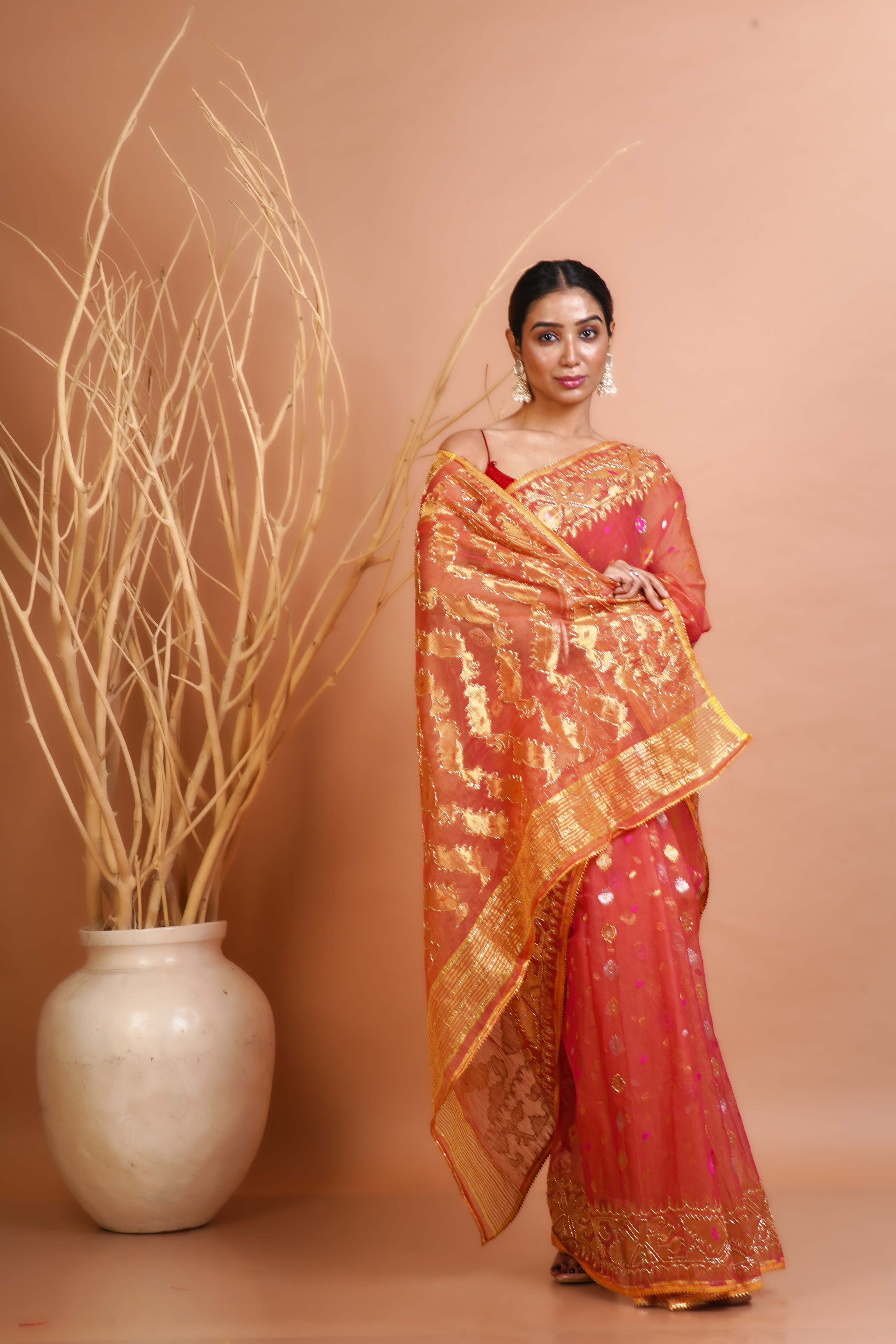 Pink Yellow Dual Tone  Jamdani Saree With Blouse Piece