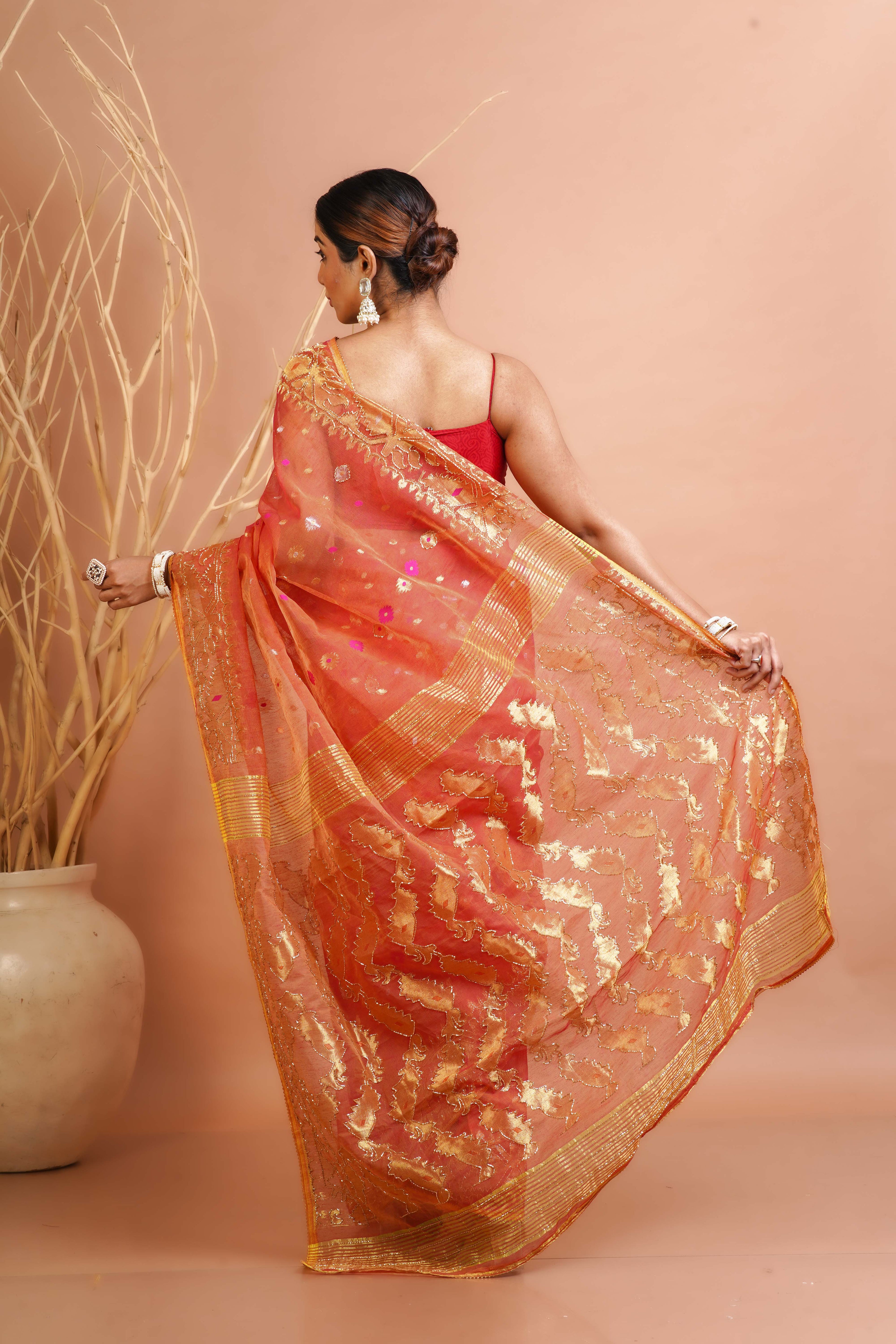 Pink Yellow Dual Tone  Jamdani Saree With Blouse Piece