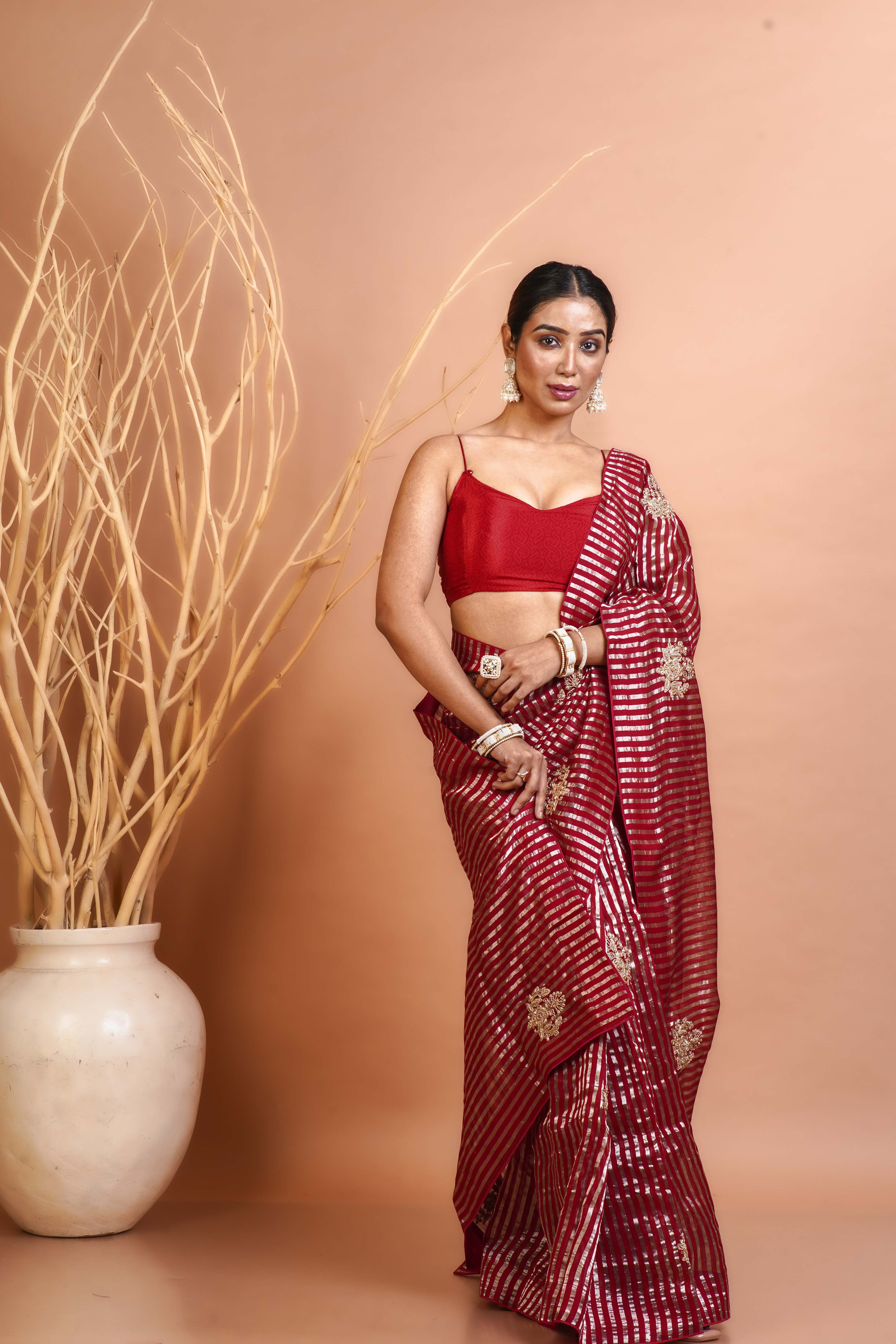 Redish Maroon Organza Saree With Blouse Piece