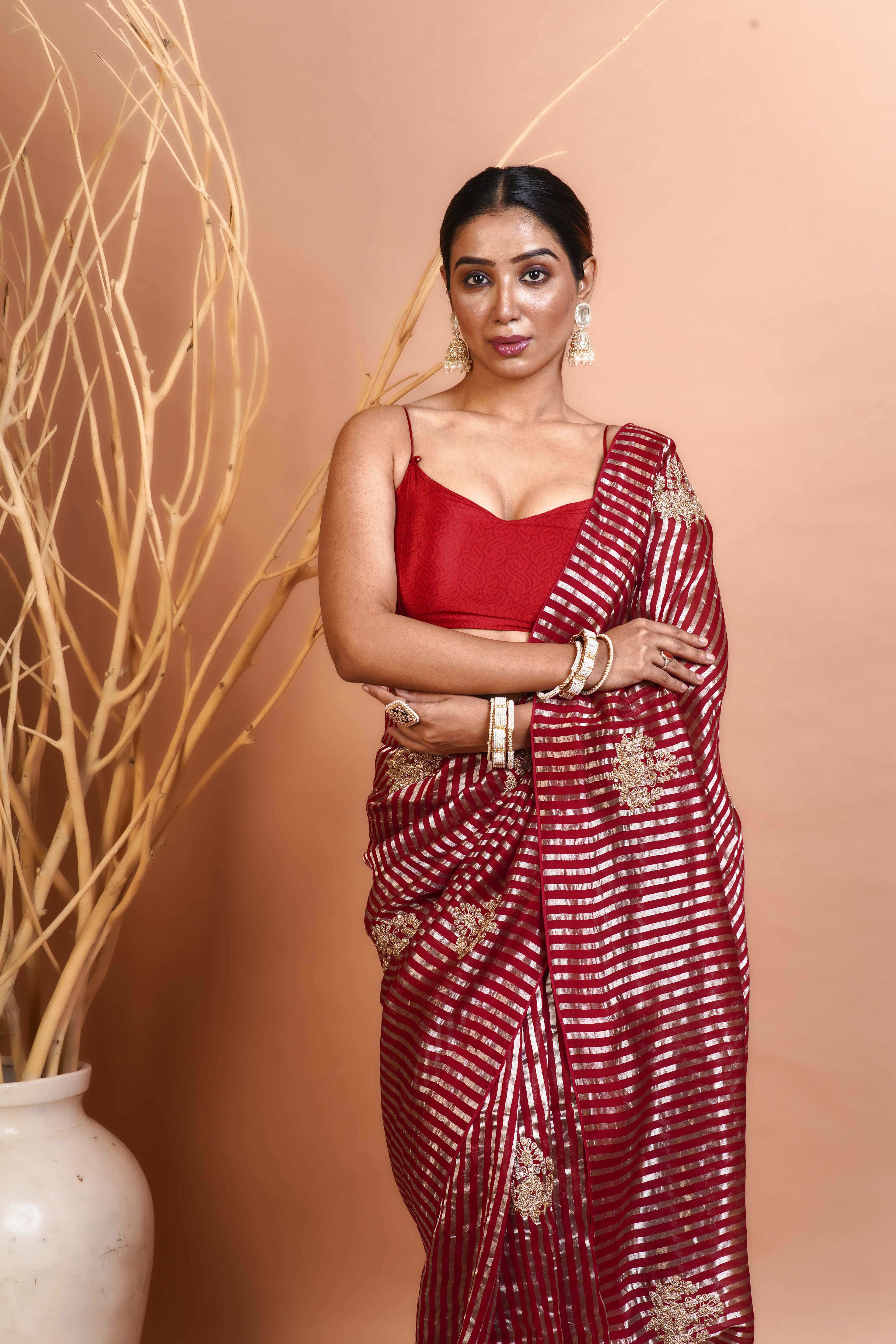 Redish Maroon Organza Saree With Blouse Piece