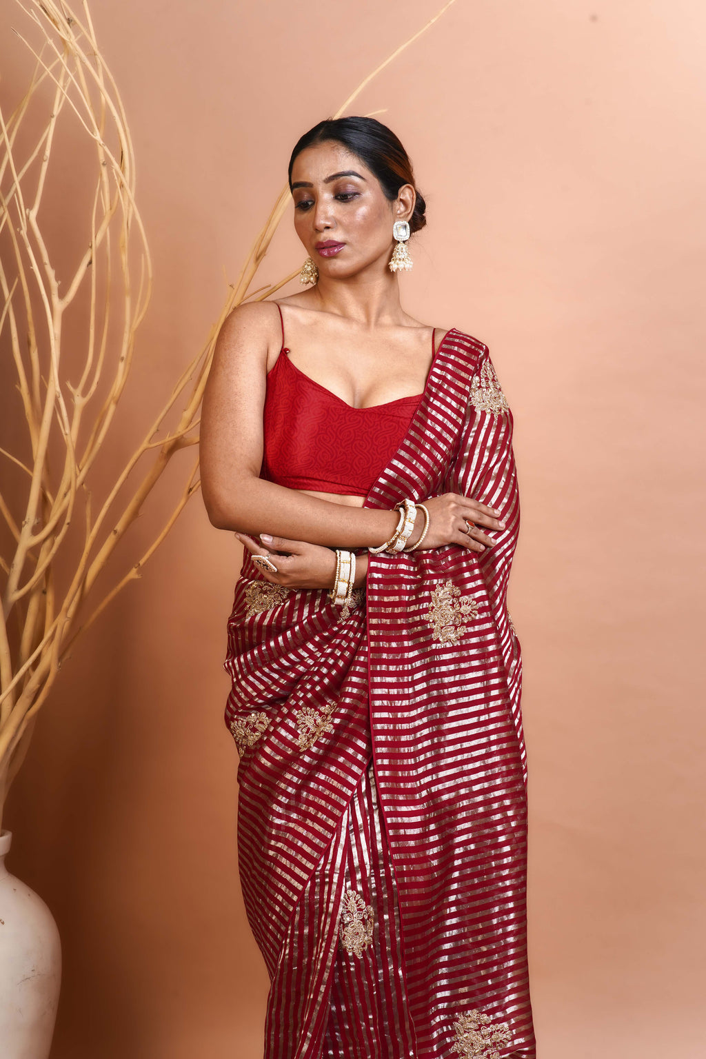 Redish Maroon Organza Saree With Blouse Piece