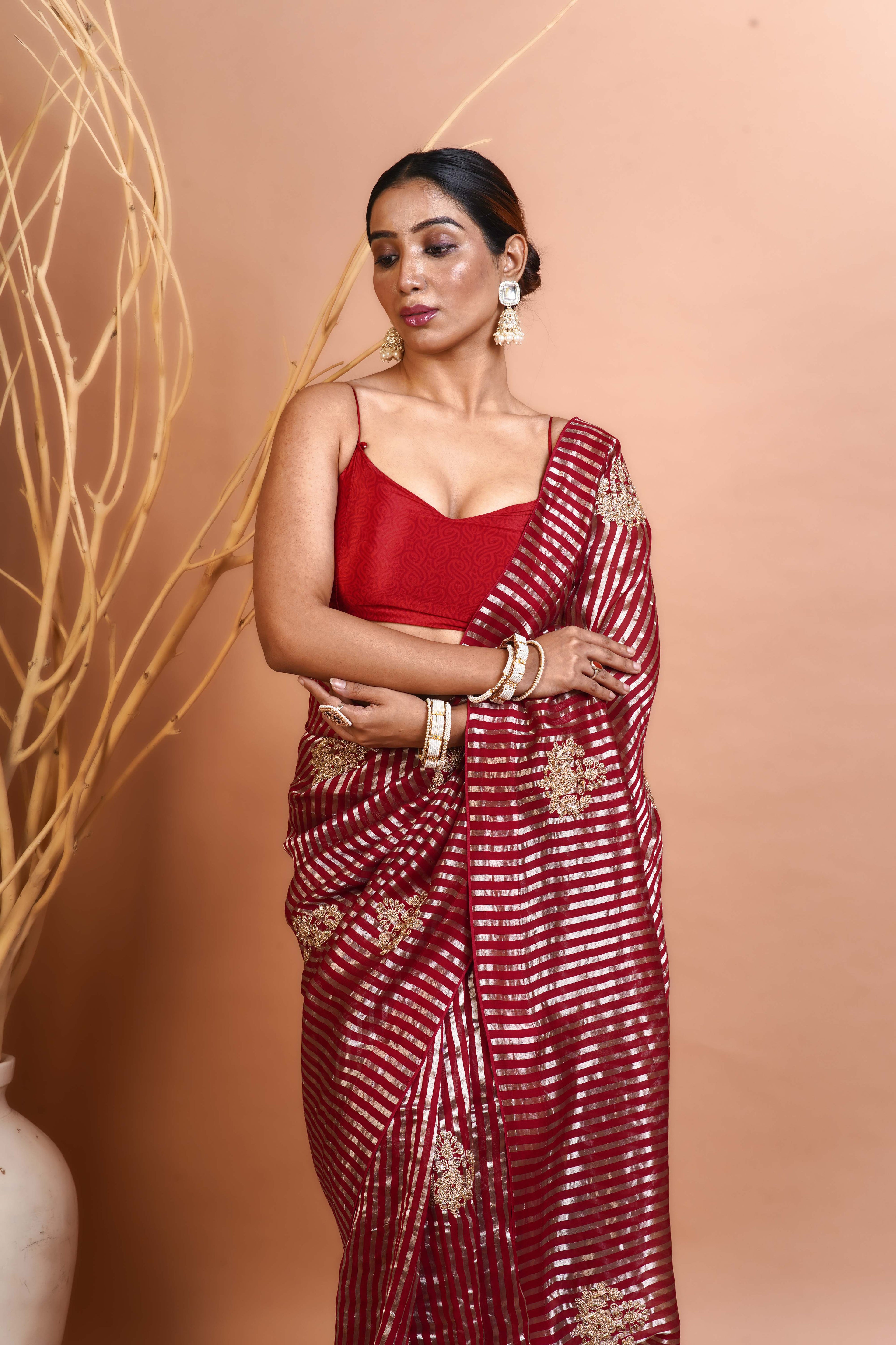 Redish Maroon Organza Saree With Blouse Piece