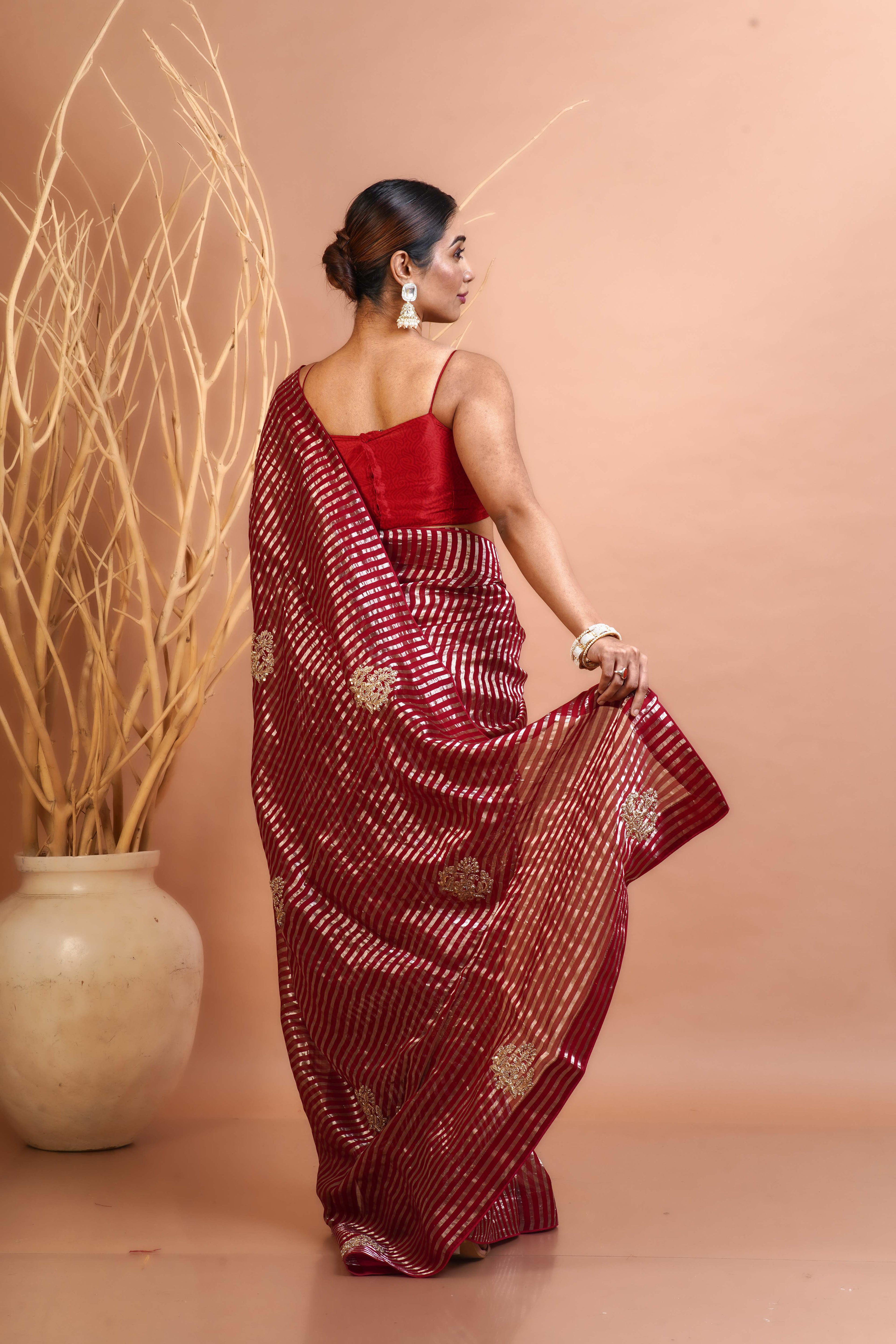 Redish Maroon Organza Saree With Blouse Piece