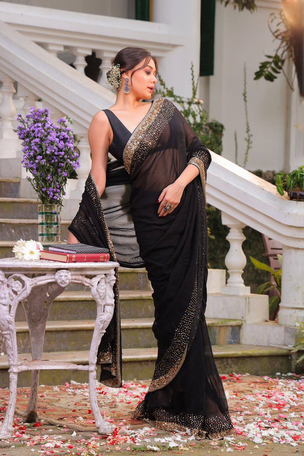 Chiffon Sequence Handwork Without Blouse Piece