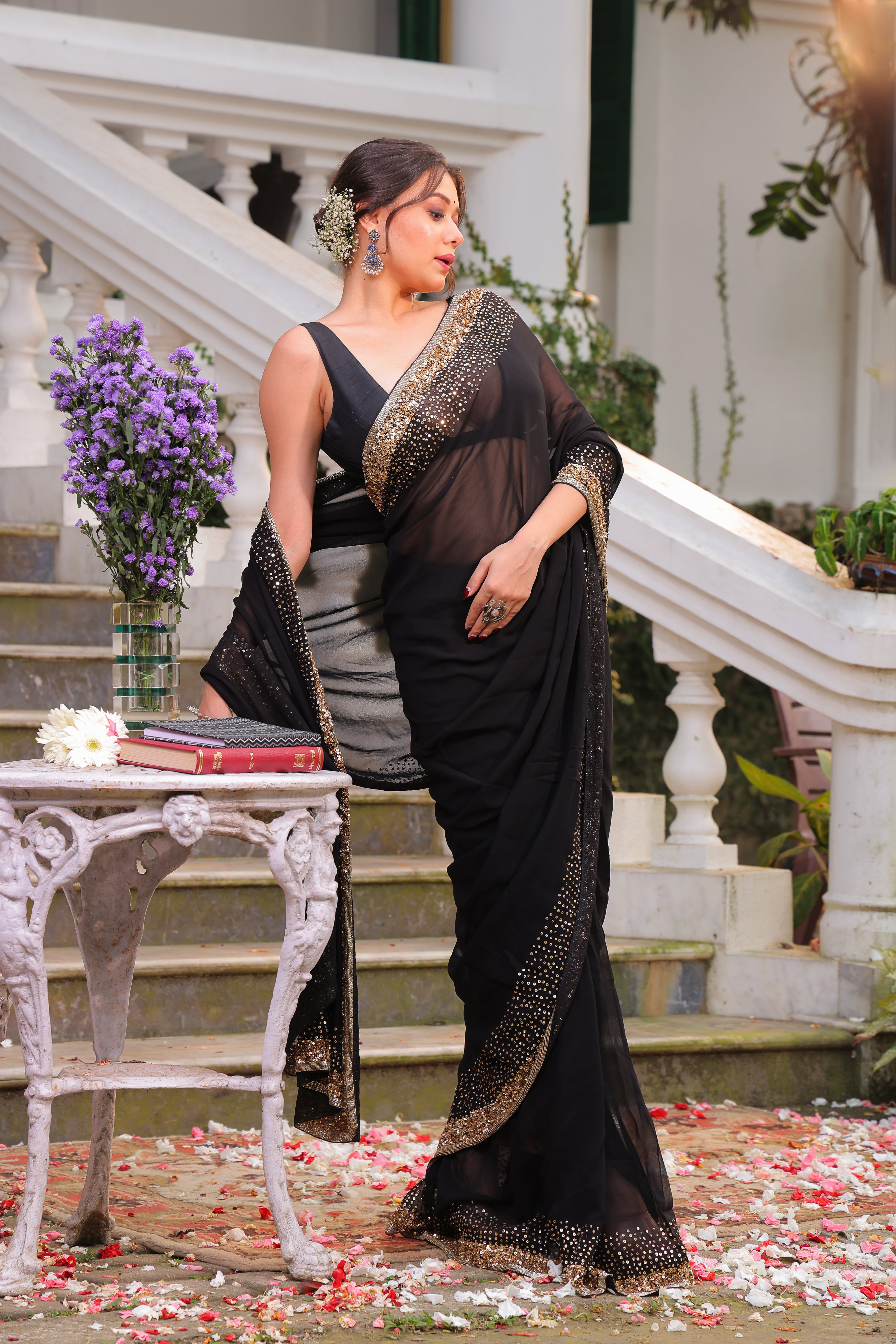 Chiffon Sequence Handwork Without Blouse Piece