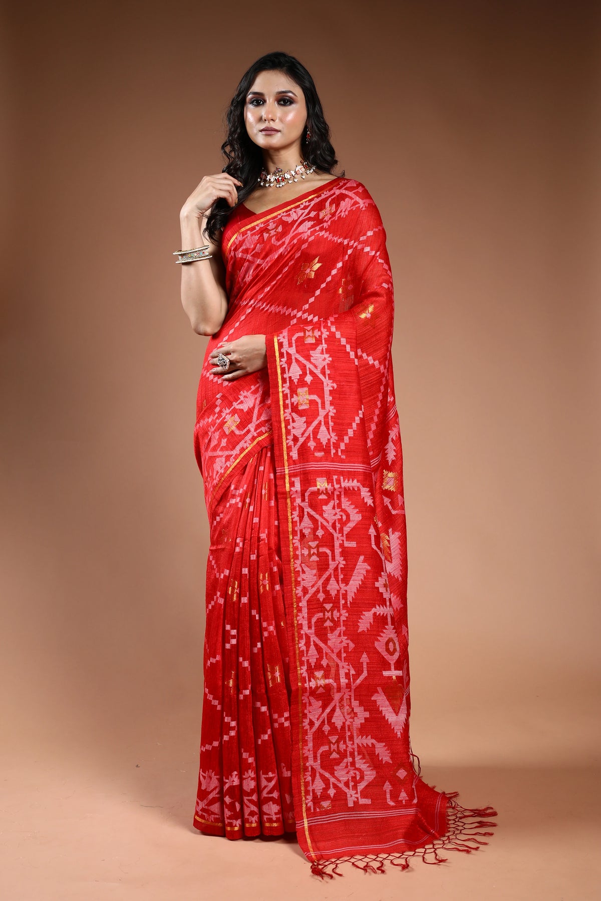 Jamdani Matka Saree - Tomato Red with Check Buta Thread Work