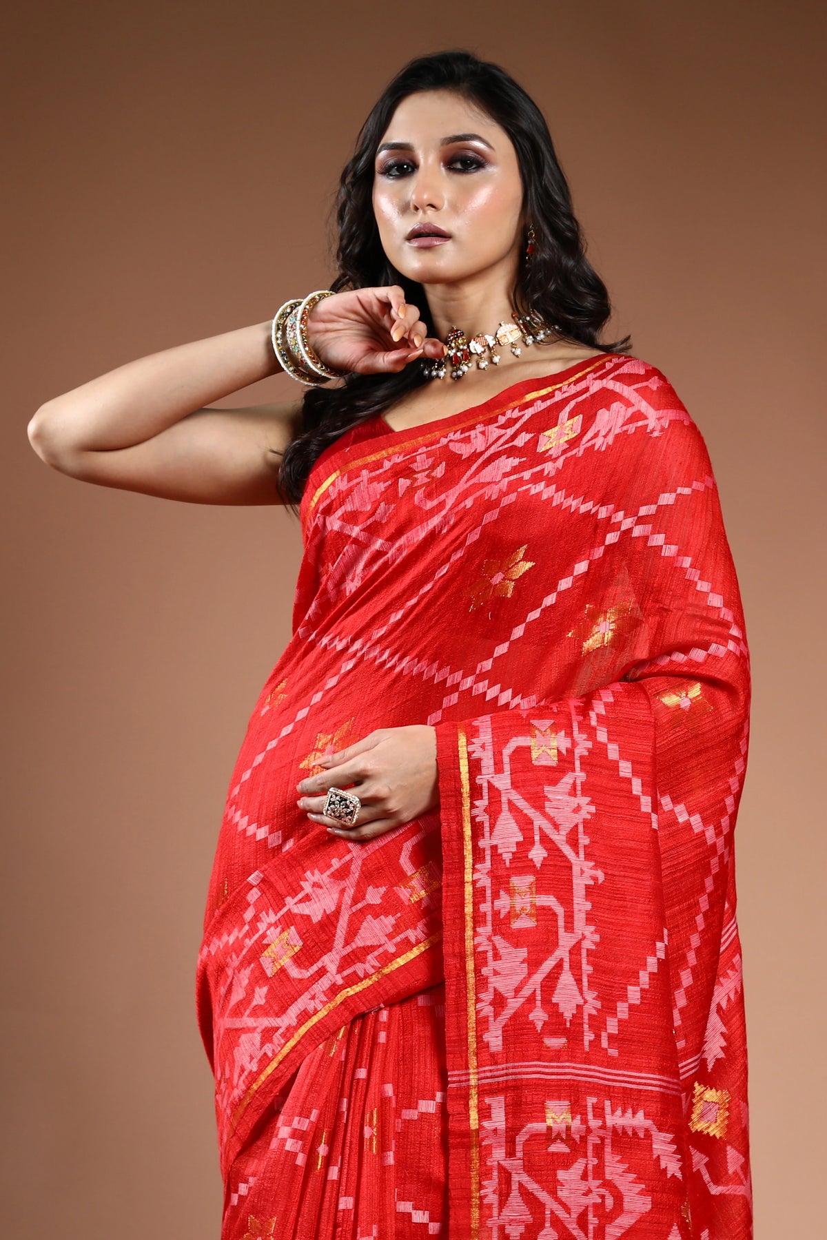 Jamdani Matka Saree - Tomato Red with Check Buta Thread Work