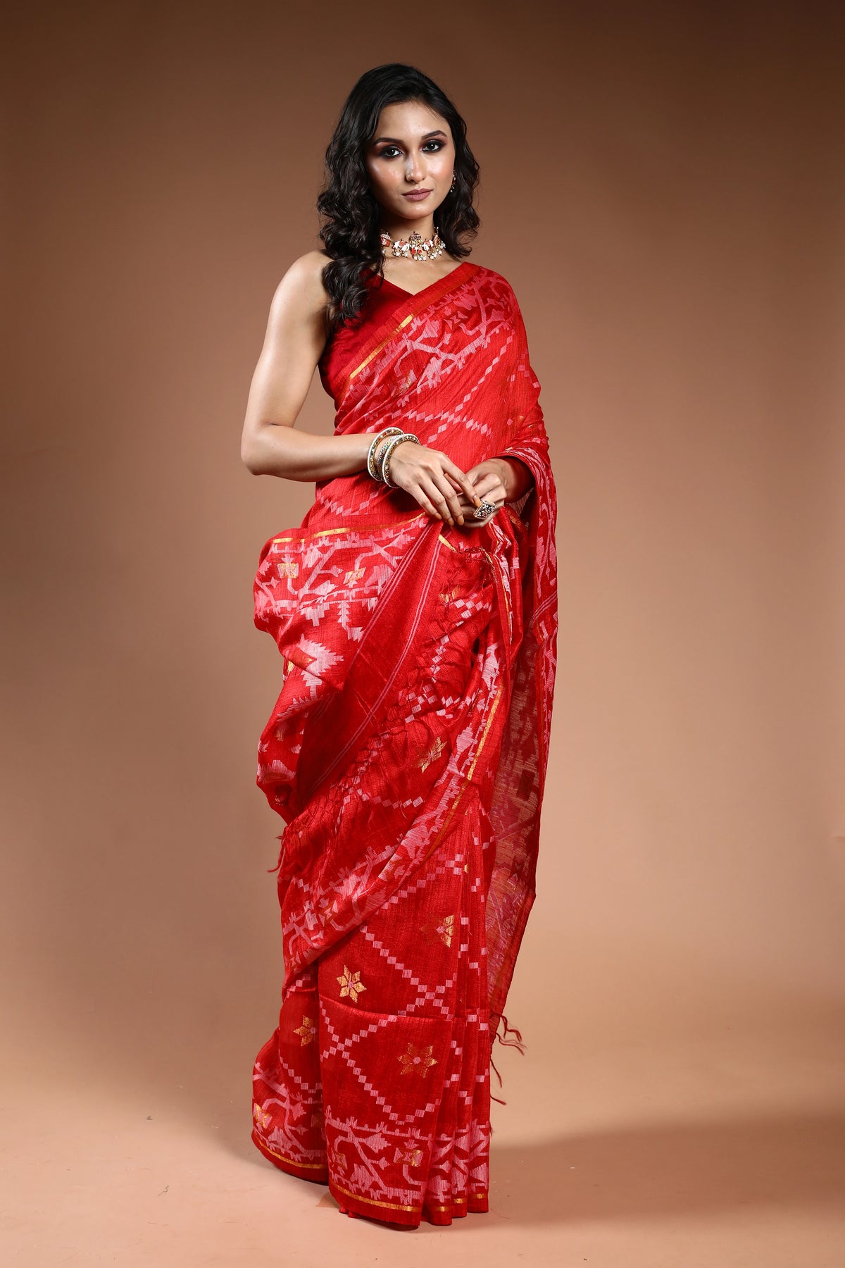 Jamdani Matka Saree - Tomato Red with Check Buta Thread Work