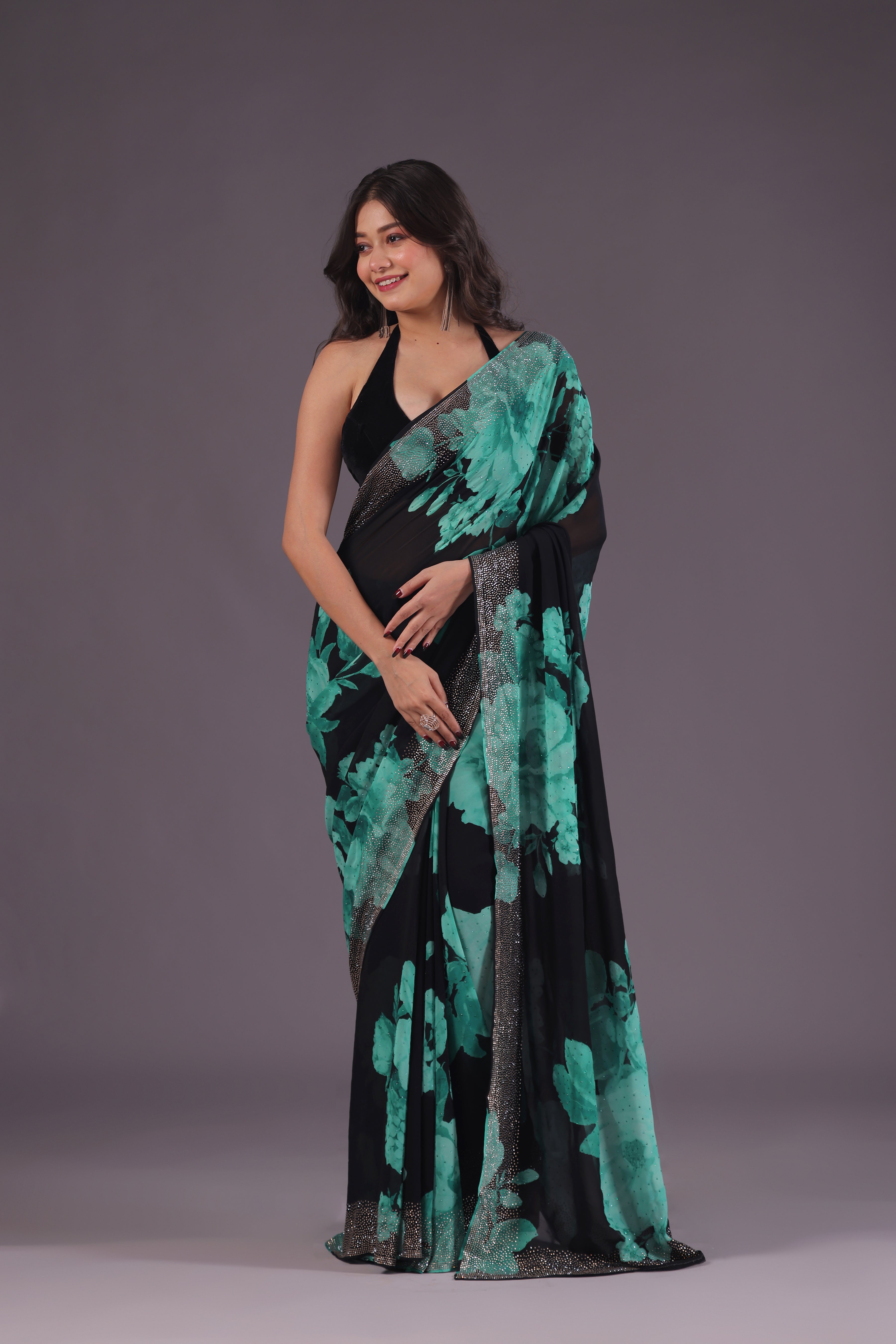 Crepe Satin Black Digital Print Saree