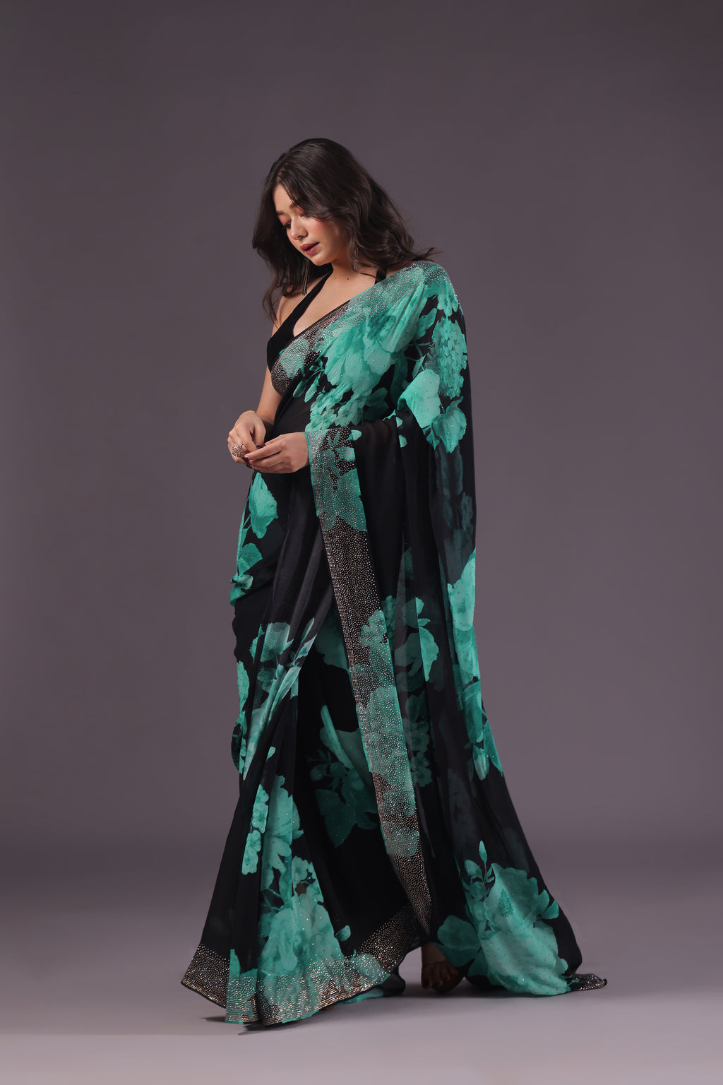 Crepe Satin Black Digital Print Saree