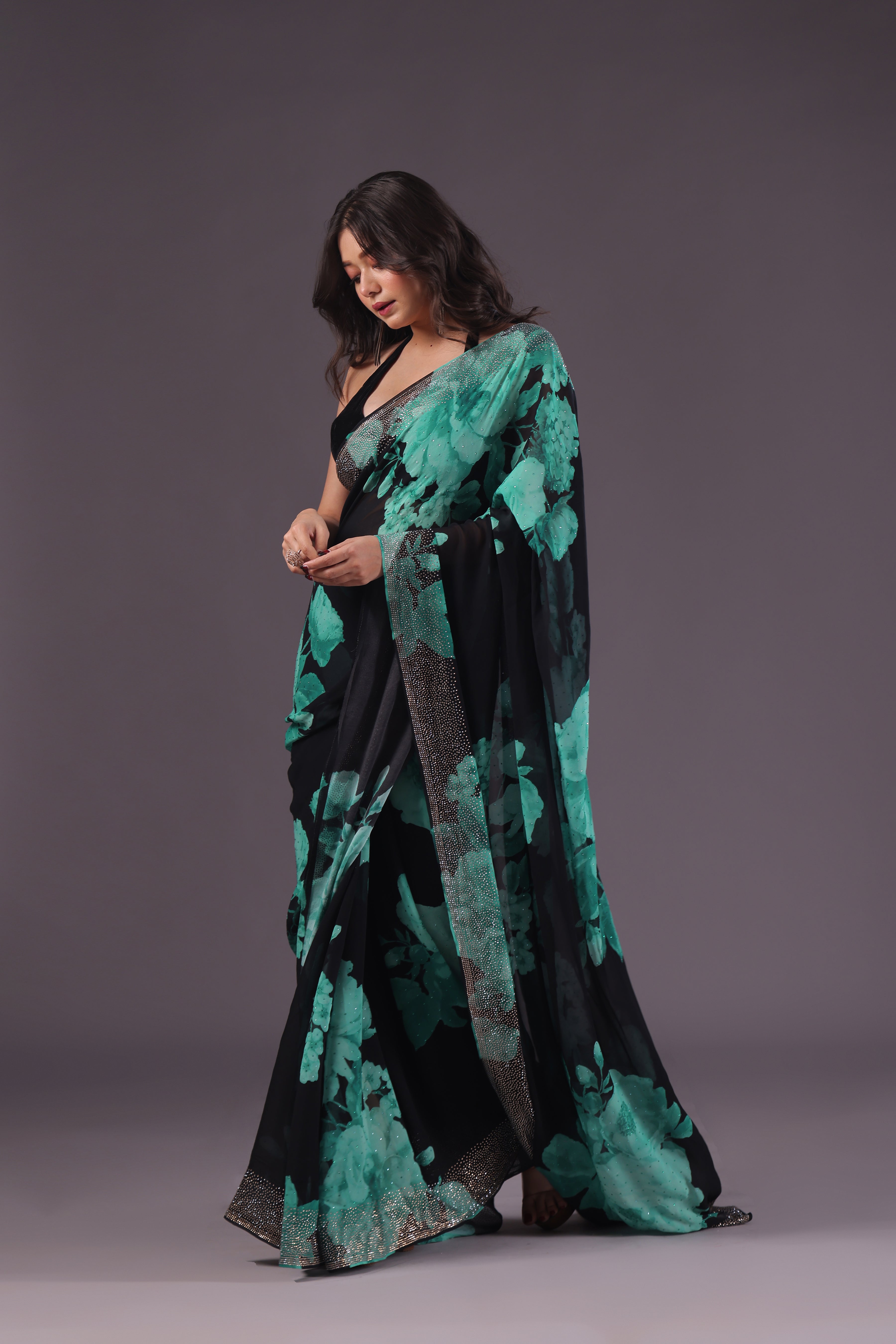 Crepe Satin Black Digital Print Saree