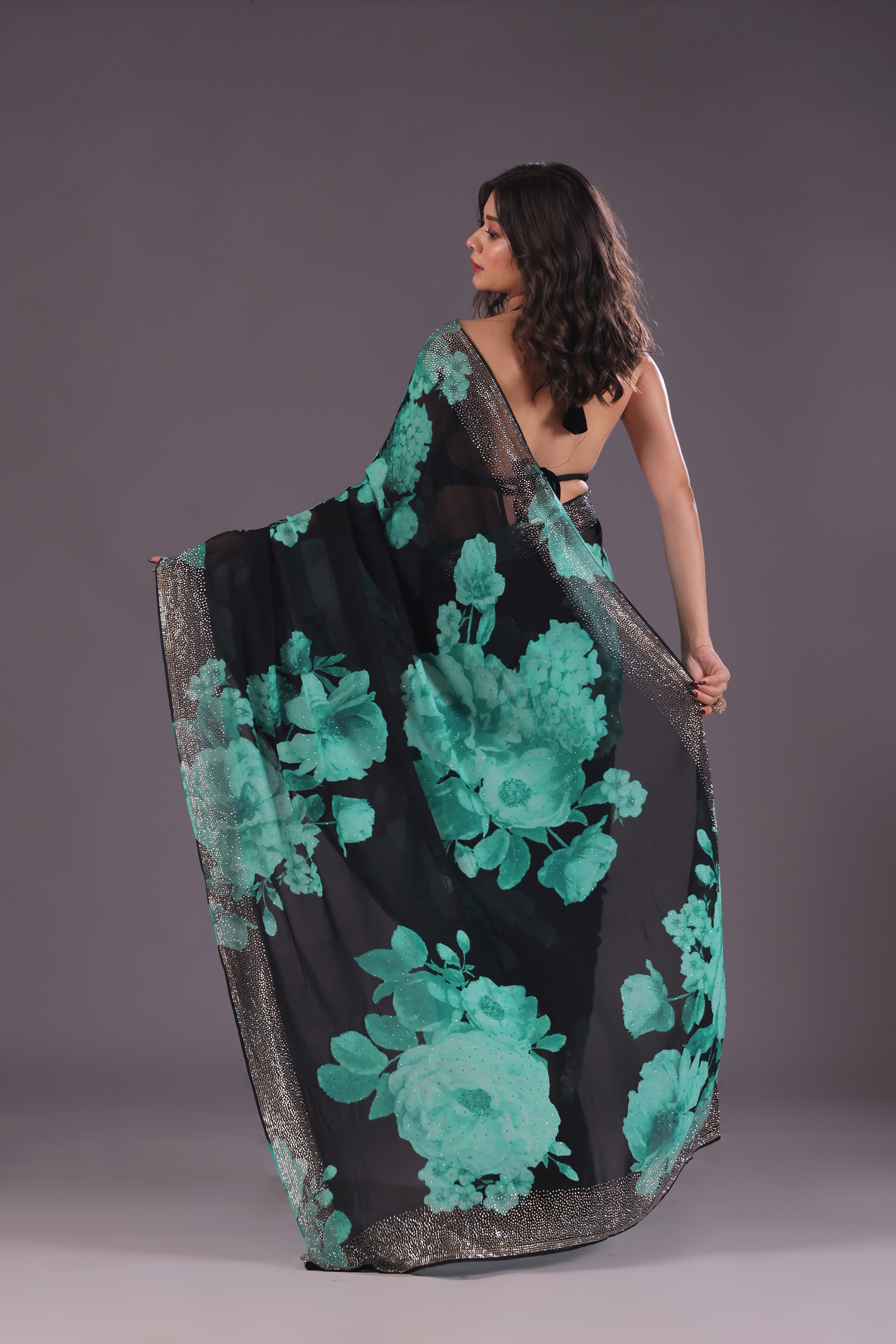 Crepe Satin Black Digital Print Saree