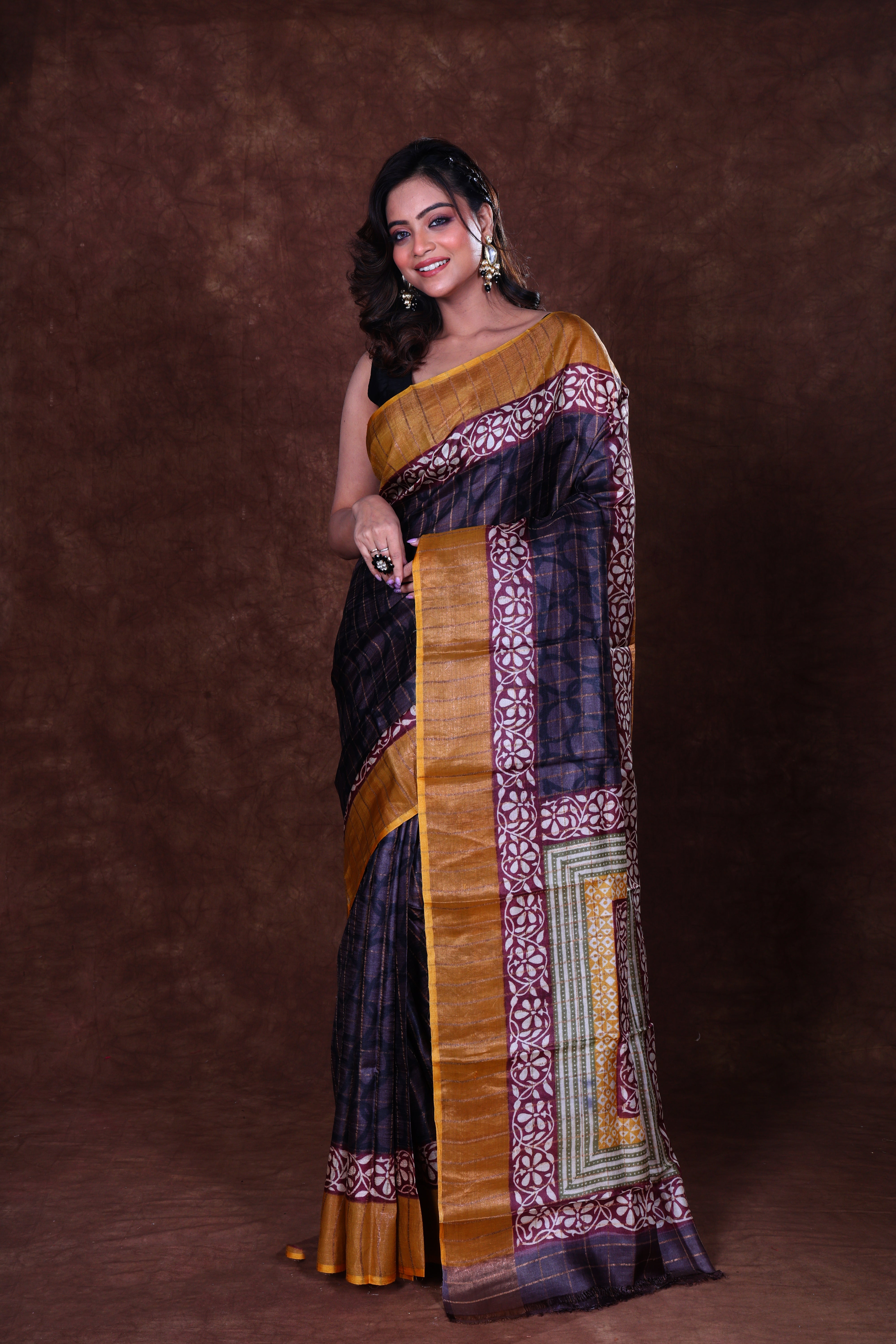 Tussar Zari Par Block Print