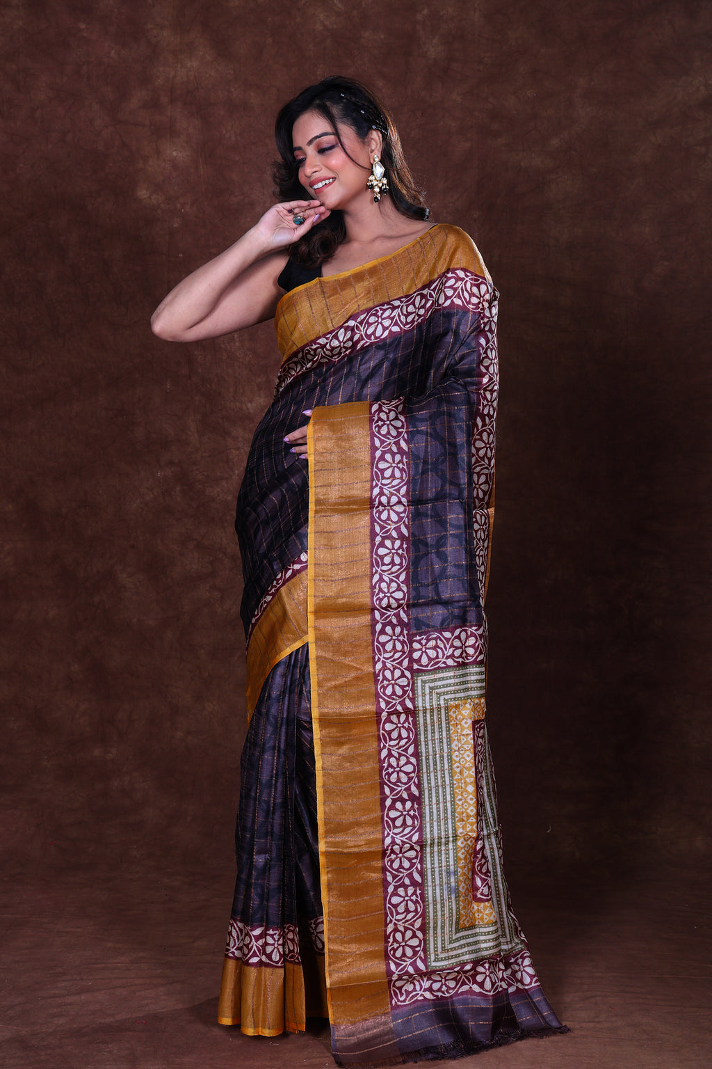 Tussar Zari Par Block Print