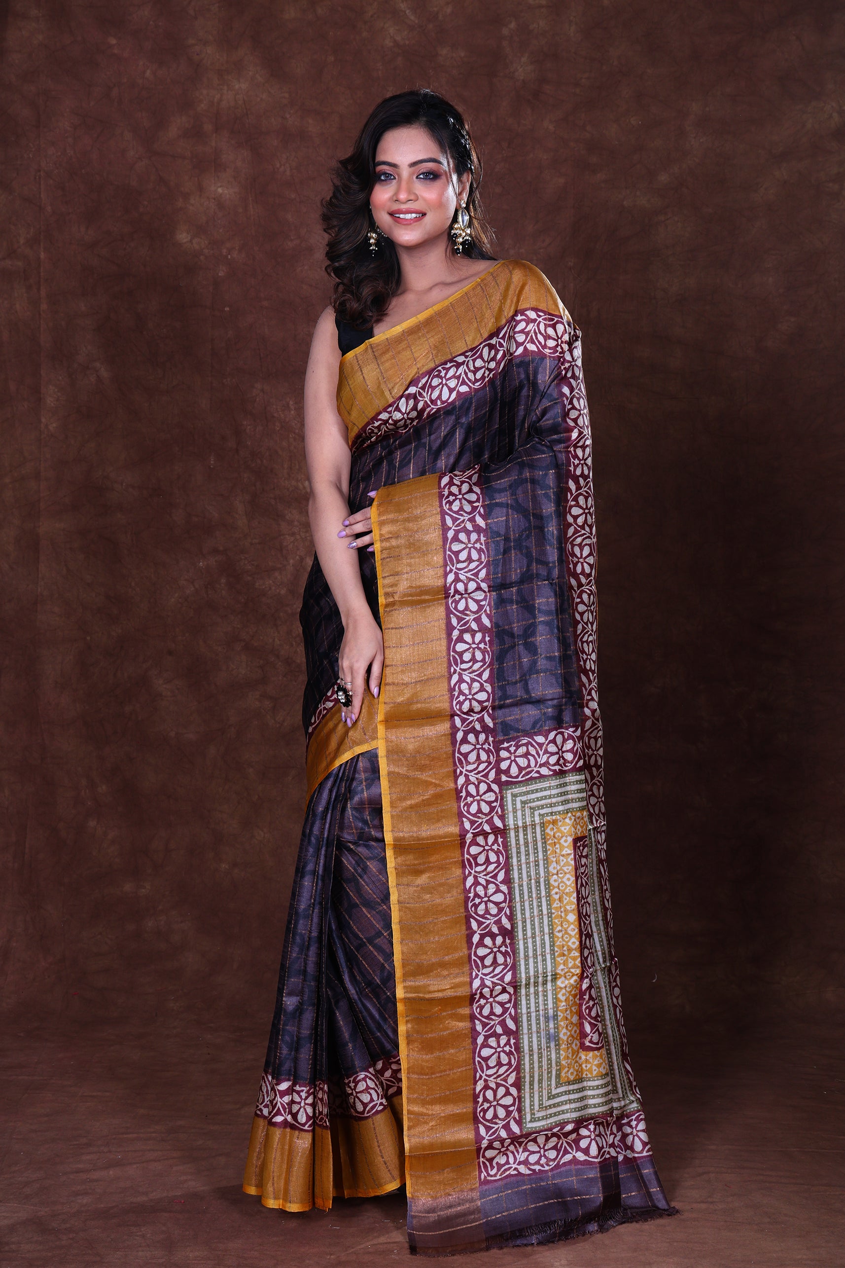 Tussar Zari Par Block Print