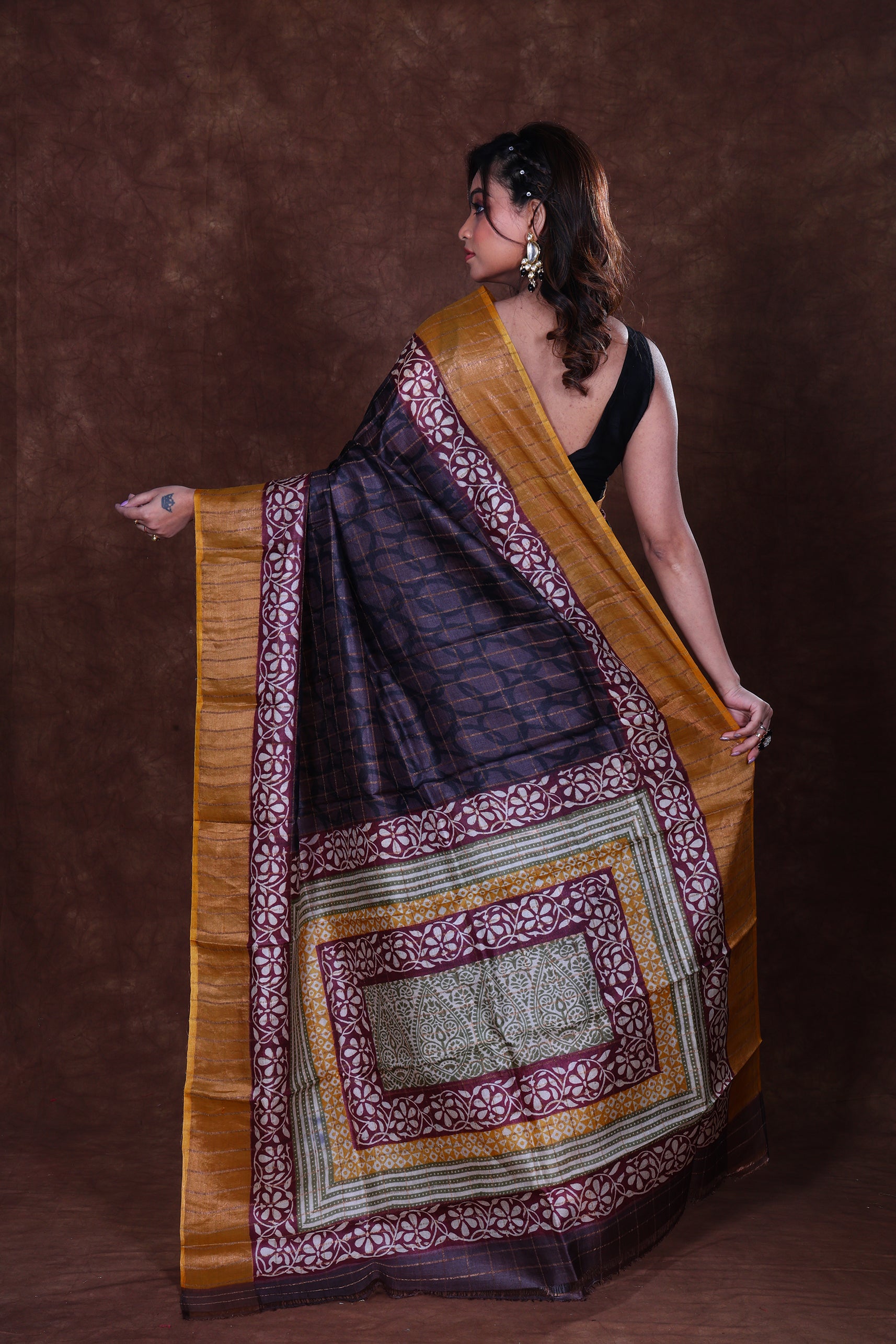 Tussar Zari Par Block Print