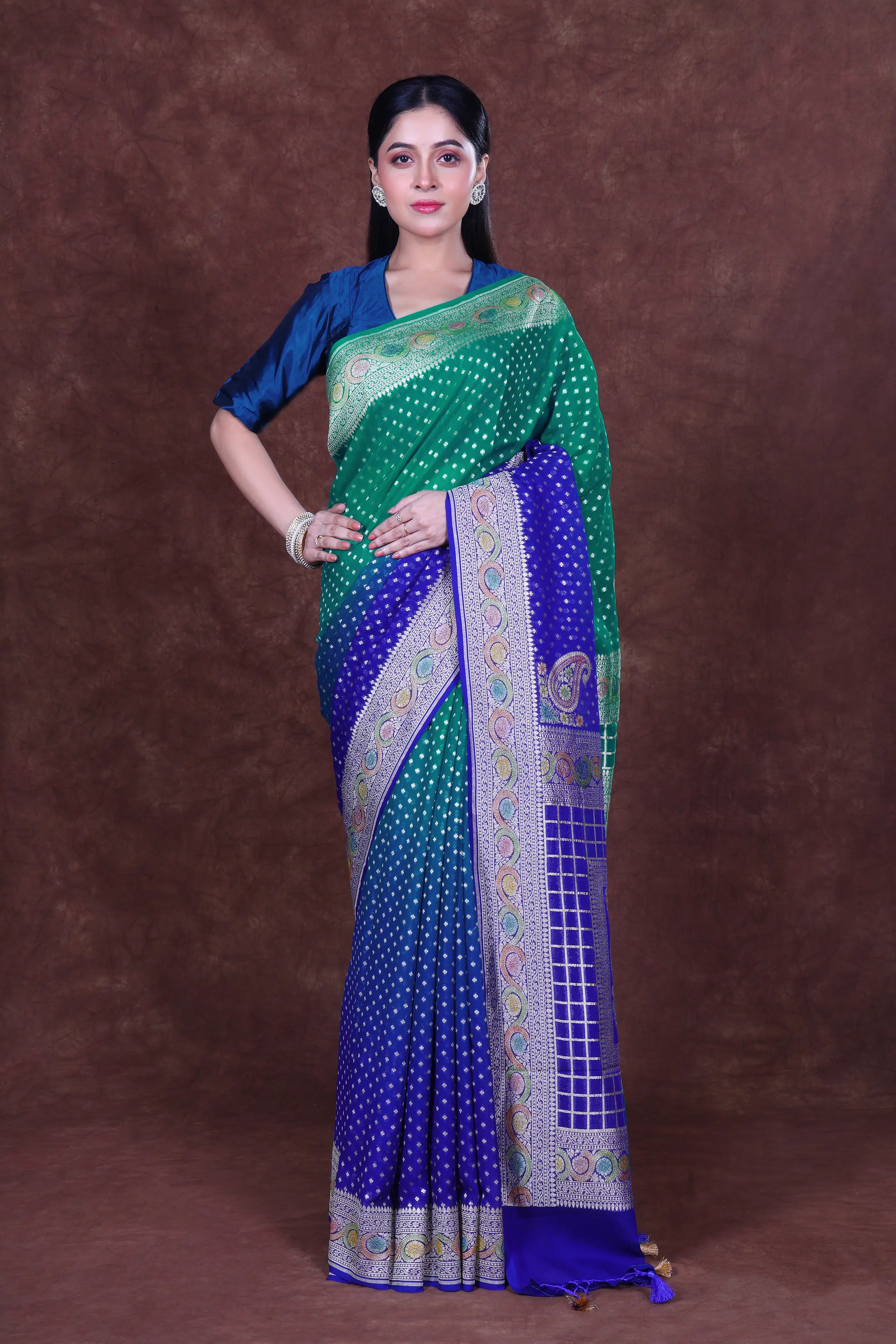 Blue & Aqua Green Georgette Banarasi Saree With Blouse Piece