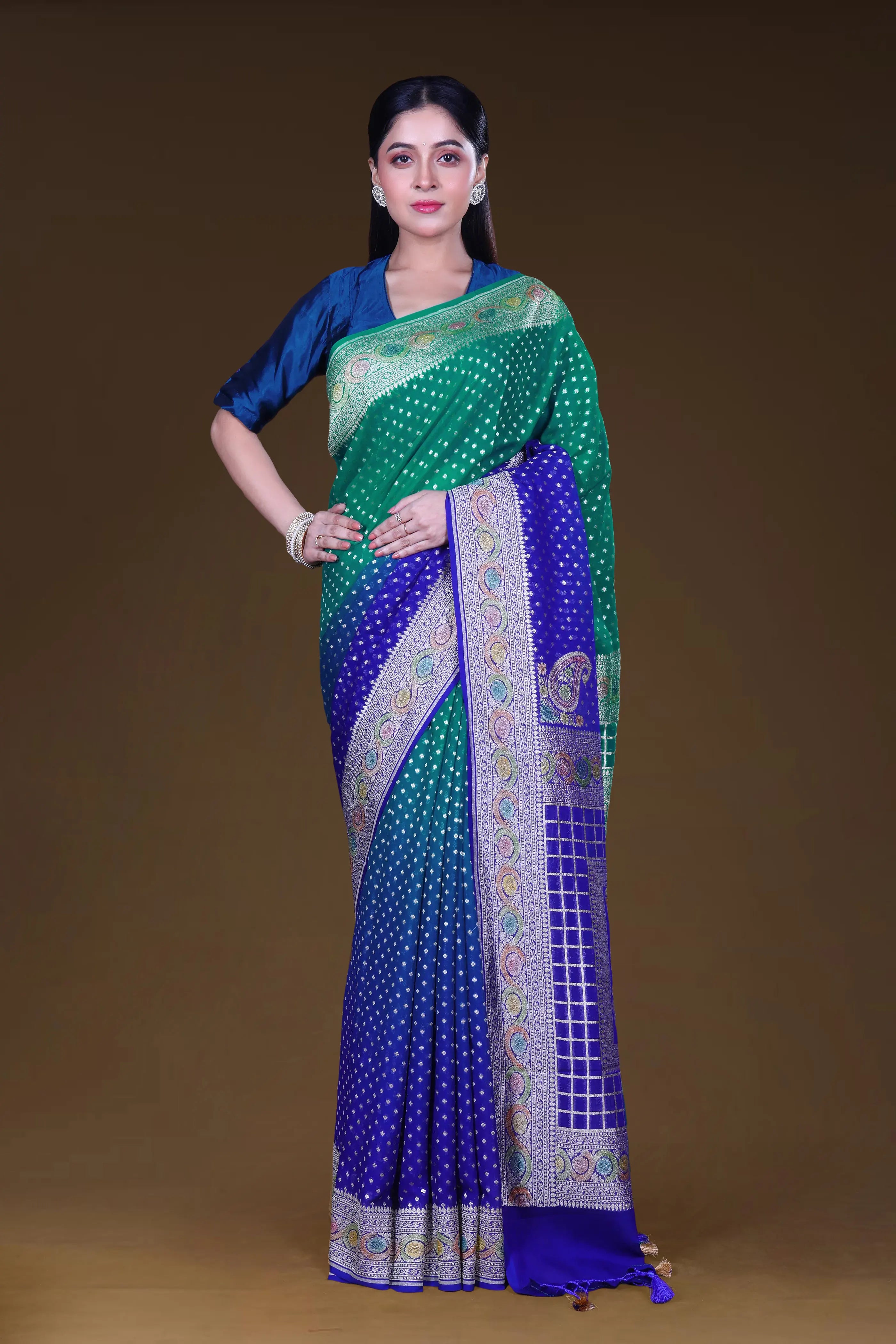 Blue & Aqua Green Georgette Banarasi Saree With Blouse Piece