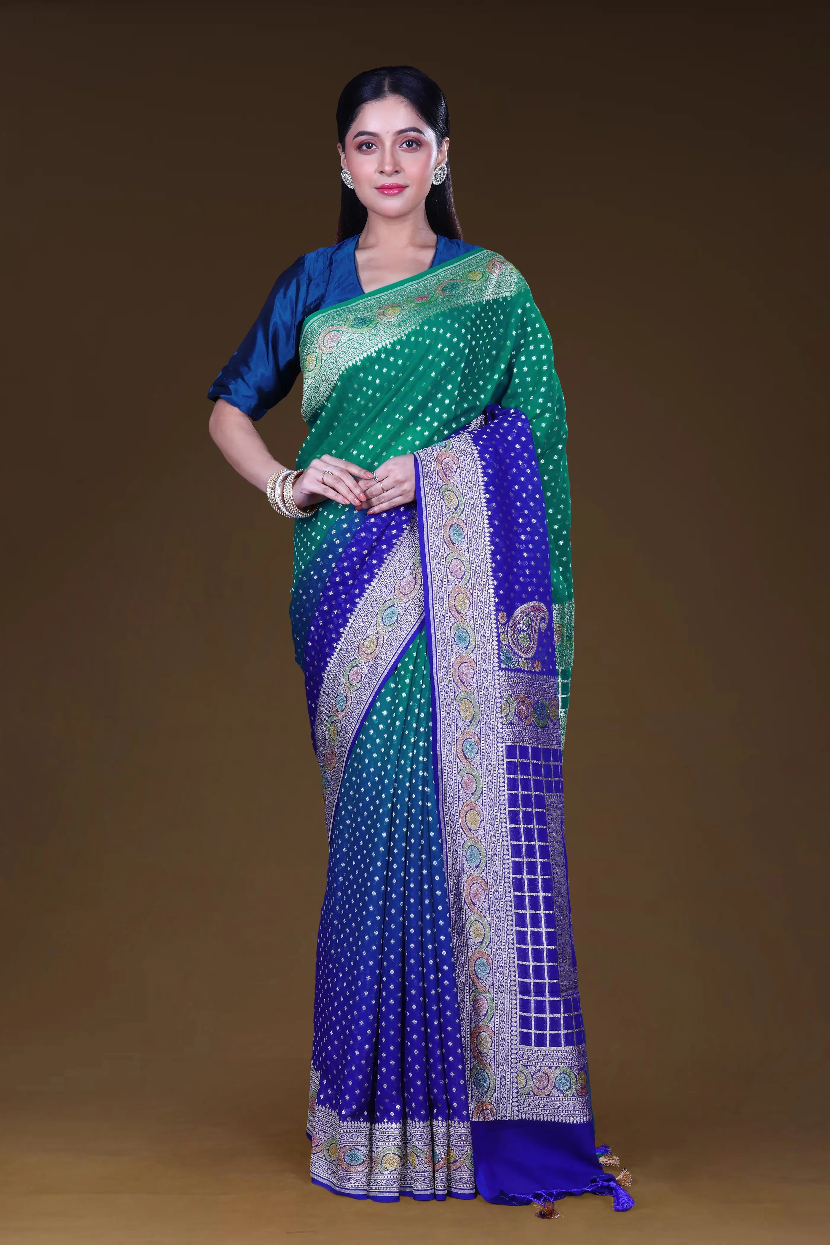 Blue & Aqua Green Georgette Banarasi Saree With Blouse Piece