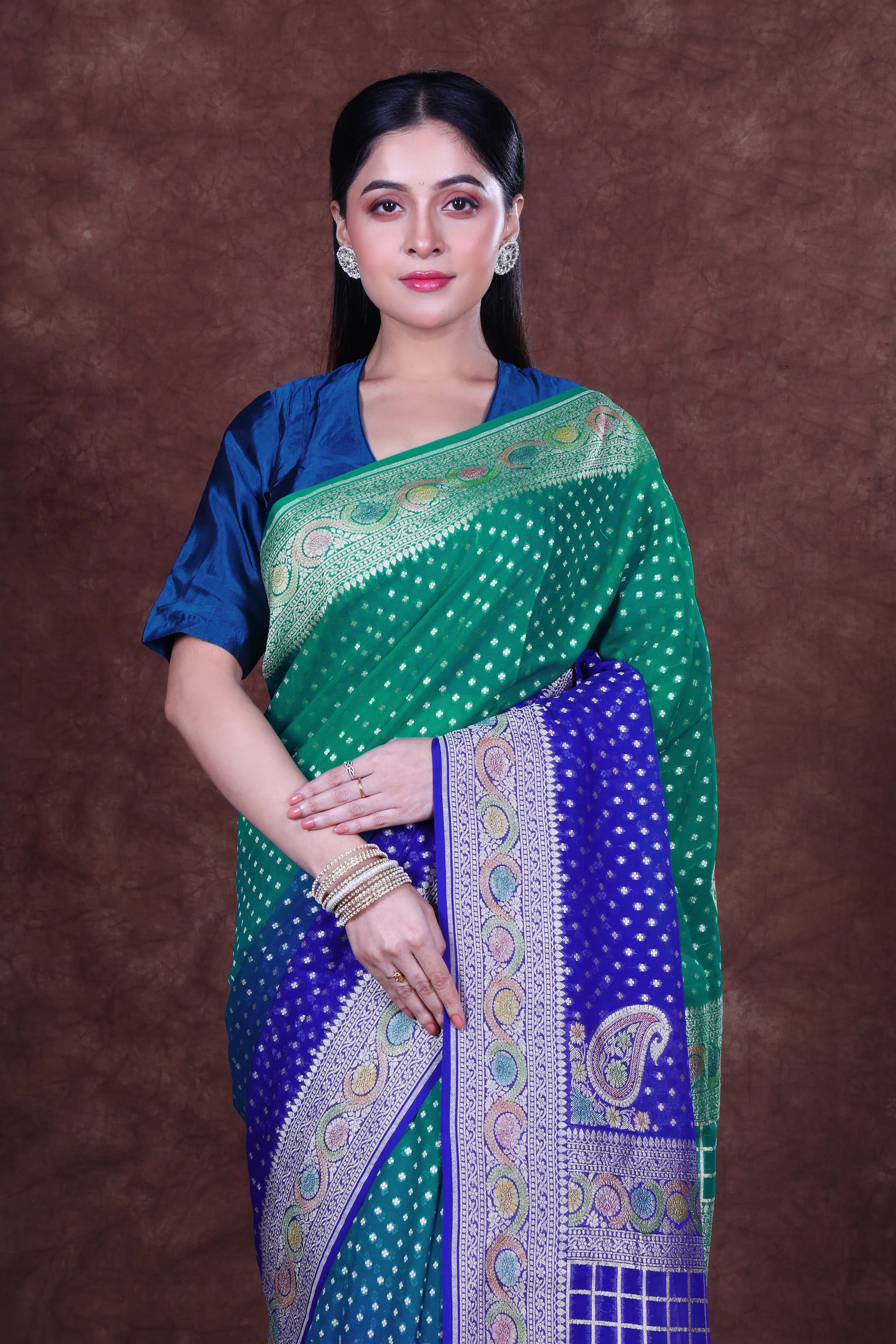 Blue & Aqua Green Georgette Banarasi Saree With Blouse Piece