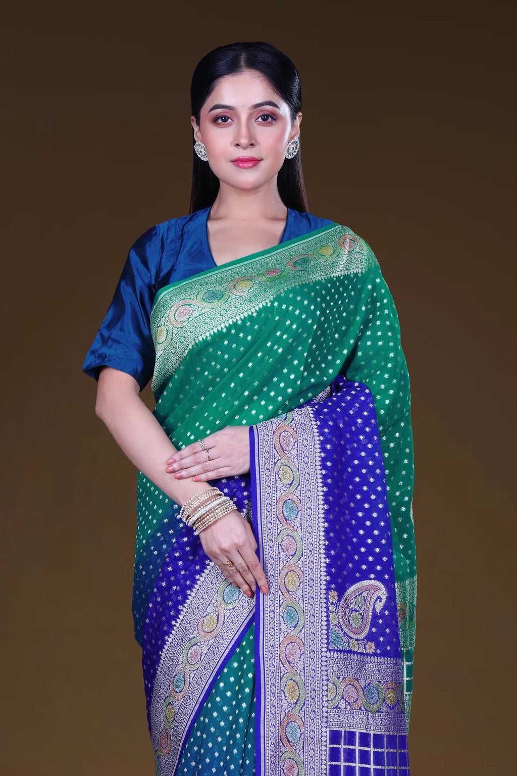 Blue & Aqua Green Georgette Banarasi Saree With Blouse Piece
