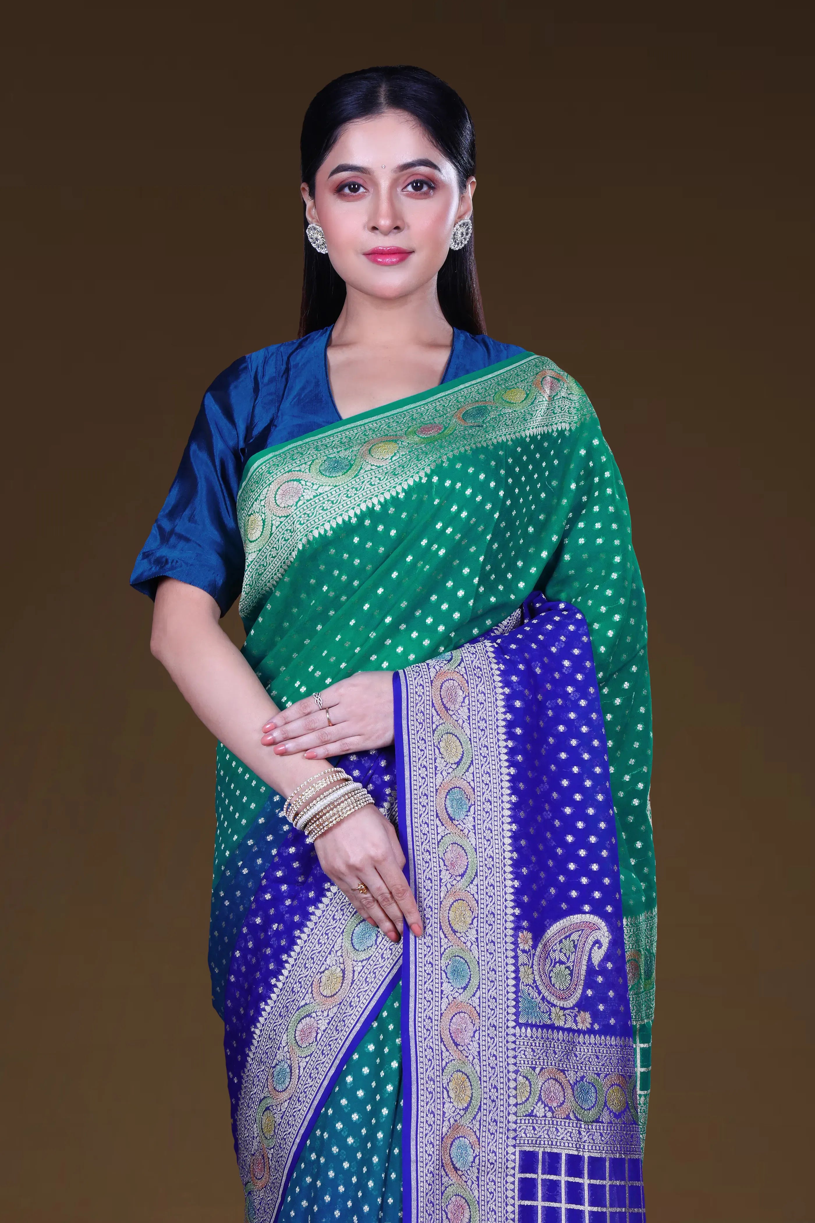 Blue & Aqua Green Georgette Banarasi Saree With Blouse Piece
