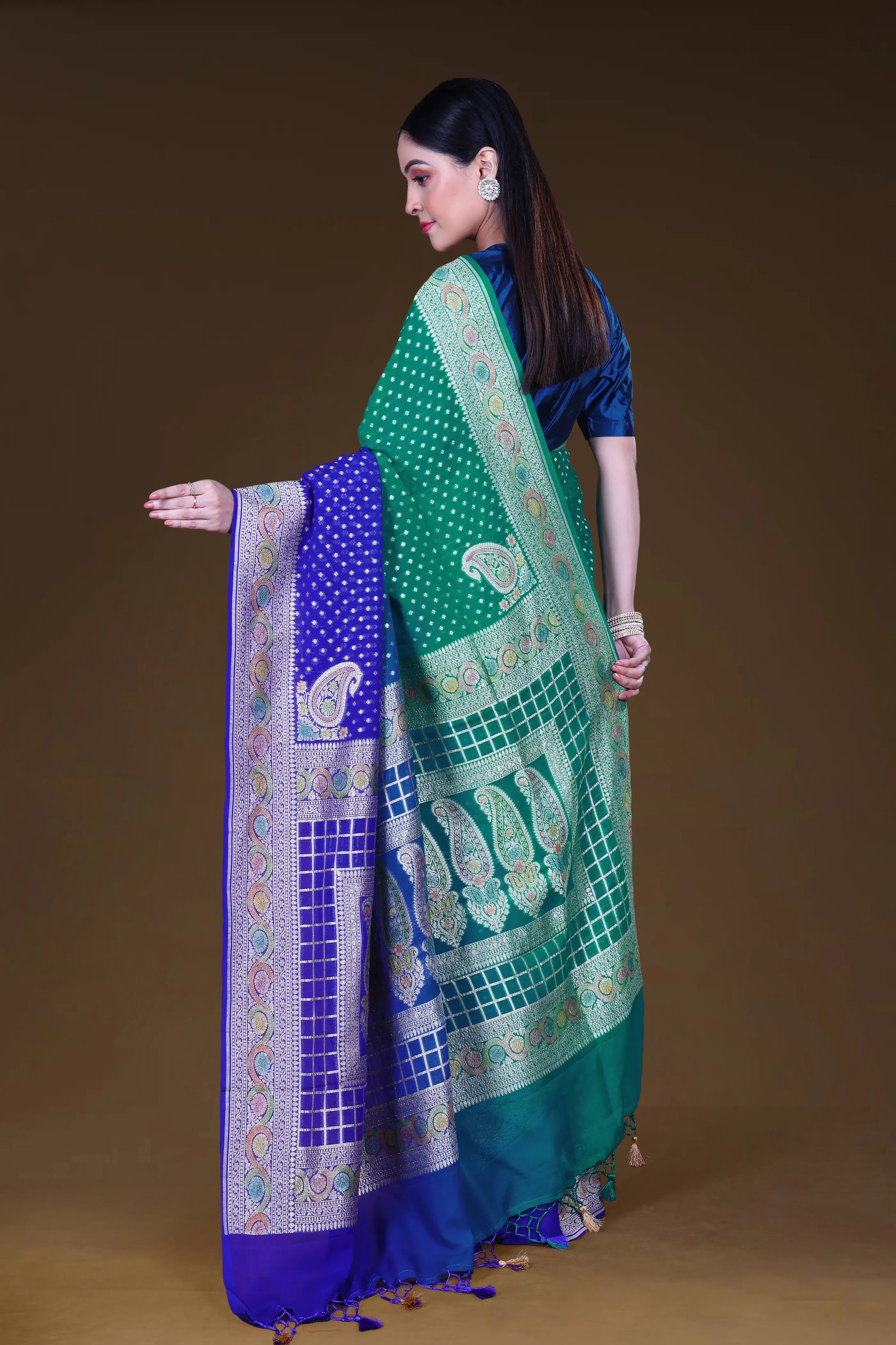 Blue & Aqua Green Georgette Banarasi Saree With Blouse Piece