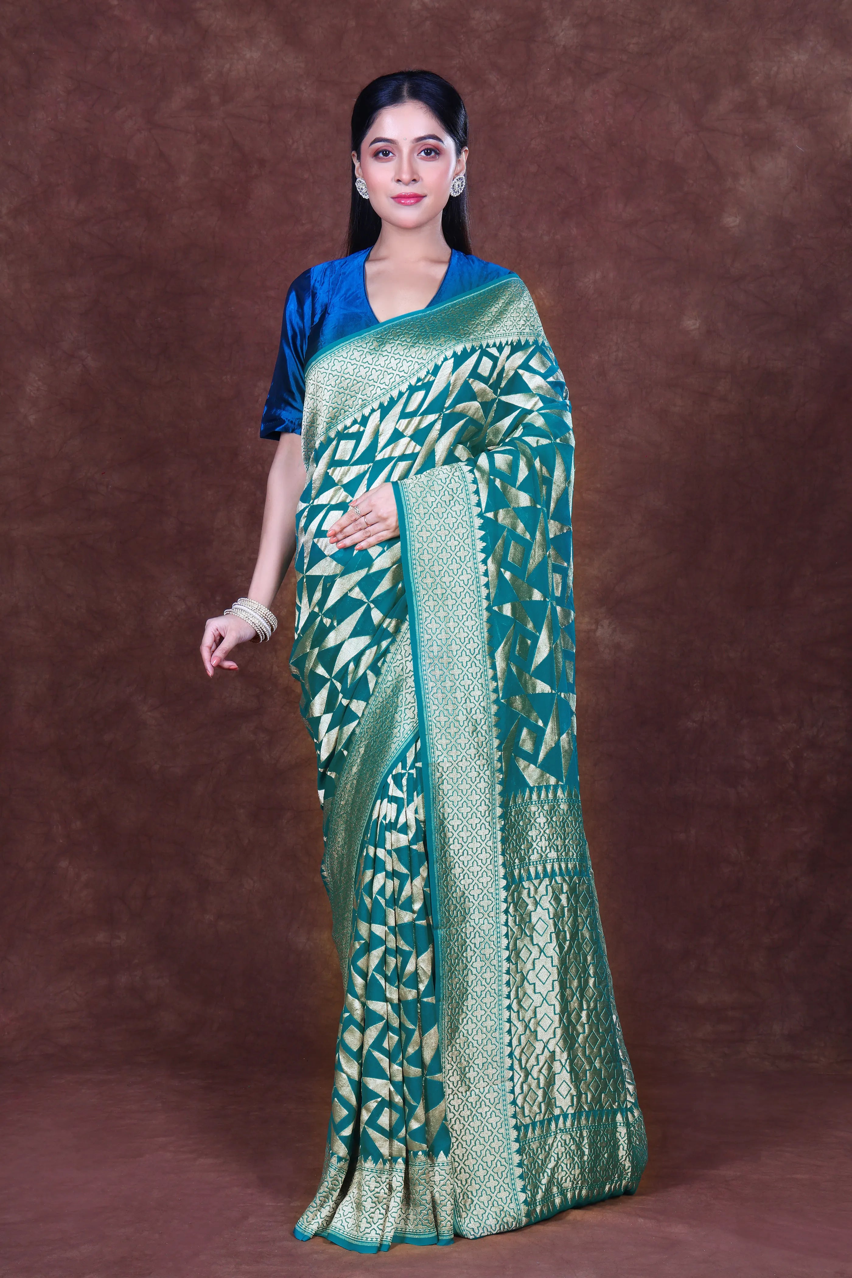 Sea Green Georgette Banarasi Saree With Blouse Piece