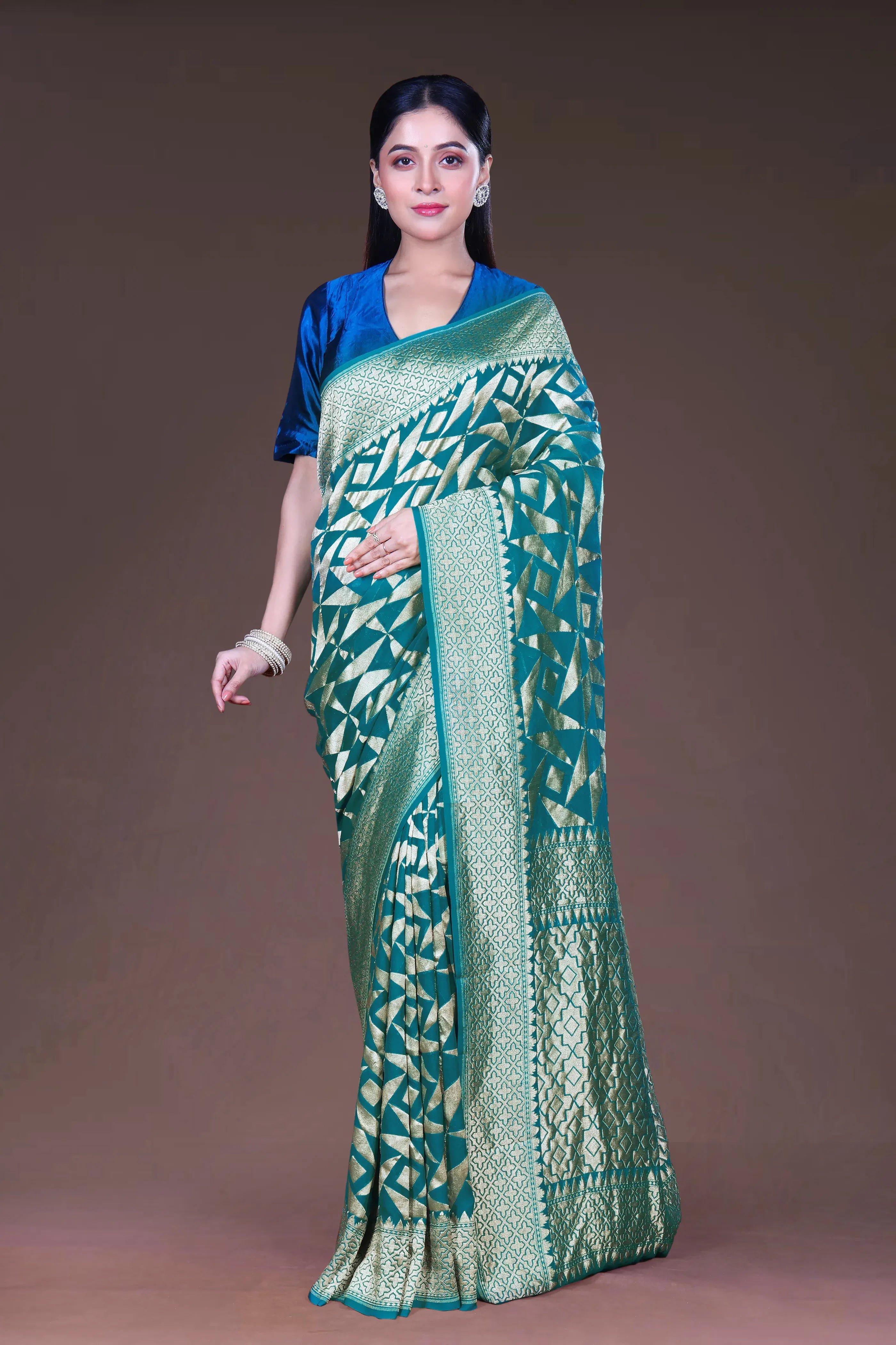 Sea Green Georgette Banarasi Saree With Blouse Piece