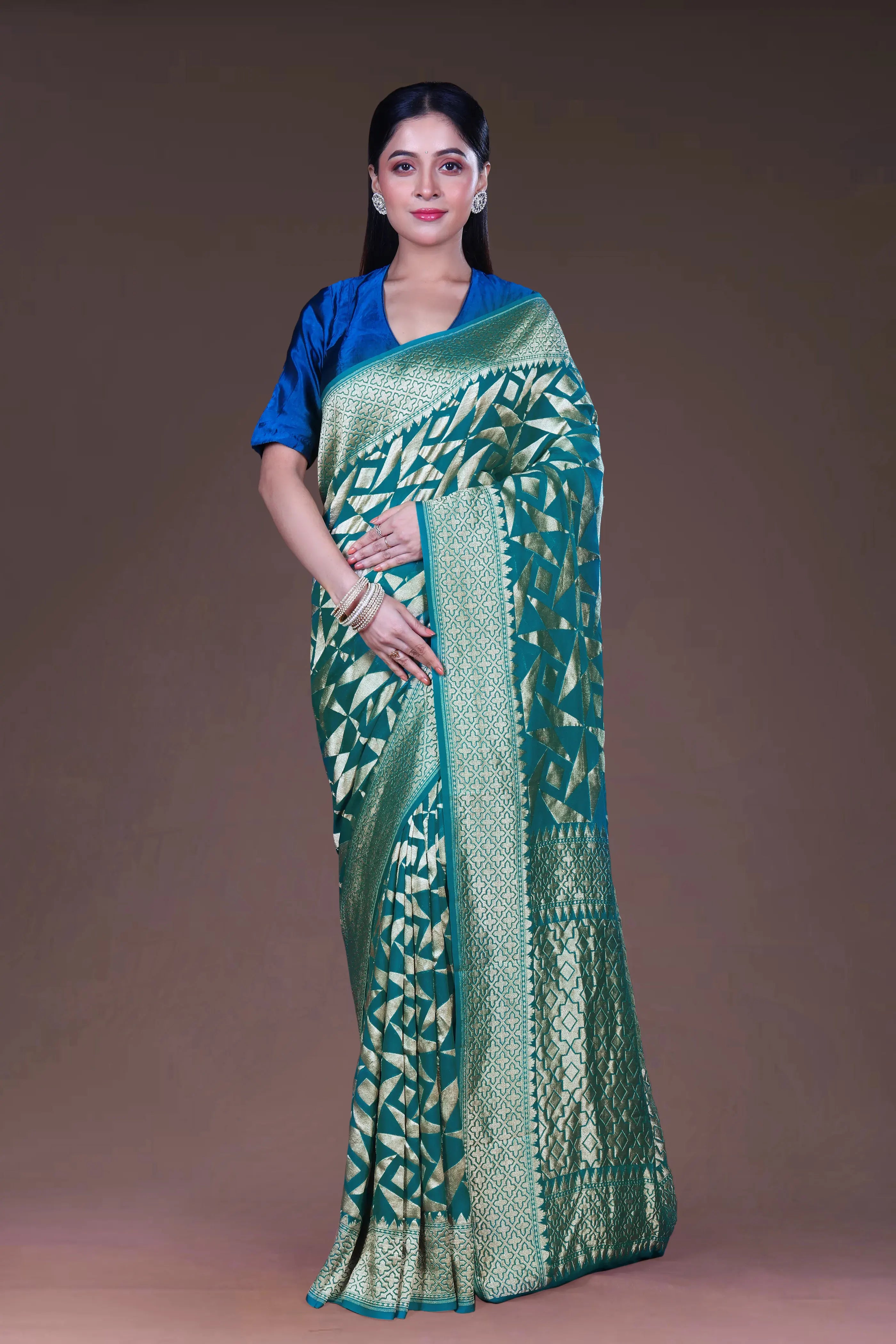 Sea Green Georgette Banarasi Saree With Blouse Piece