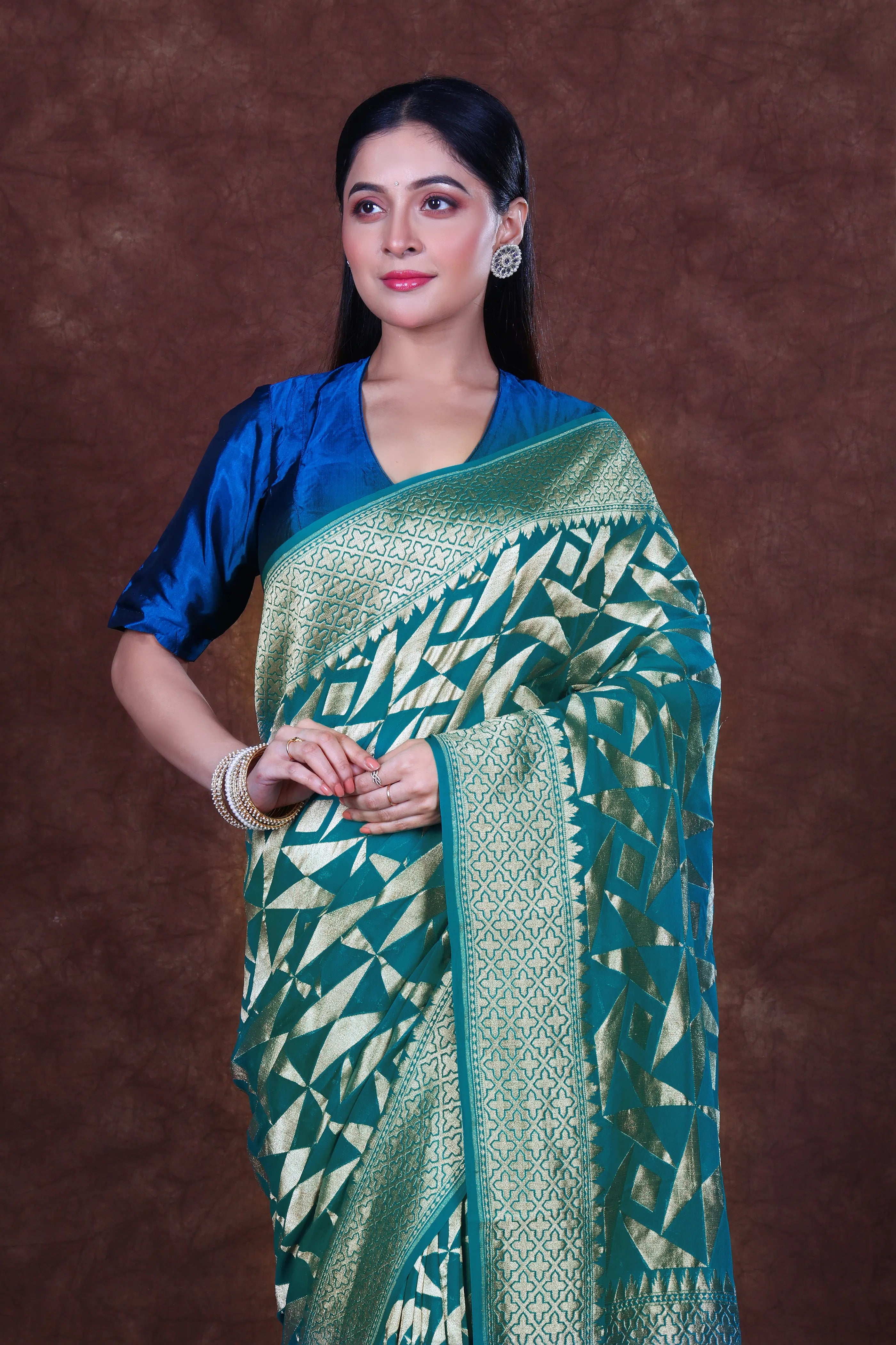 Sea Green Georgette Banarasi Saree With Blouse Piece