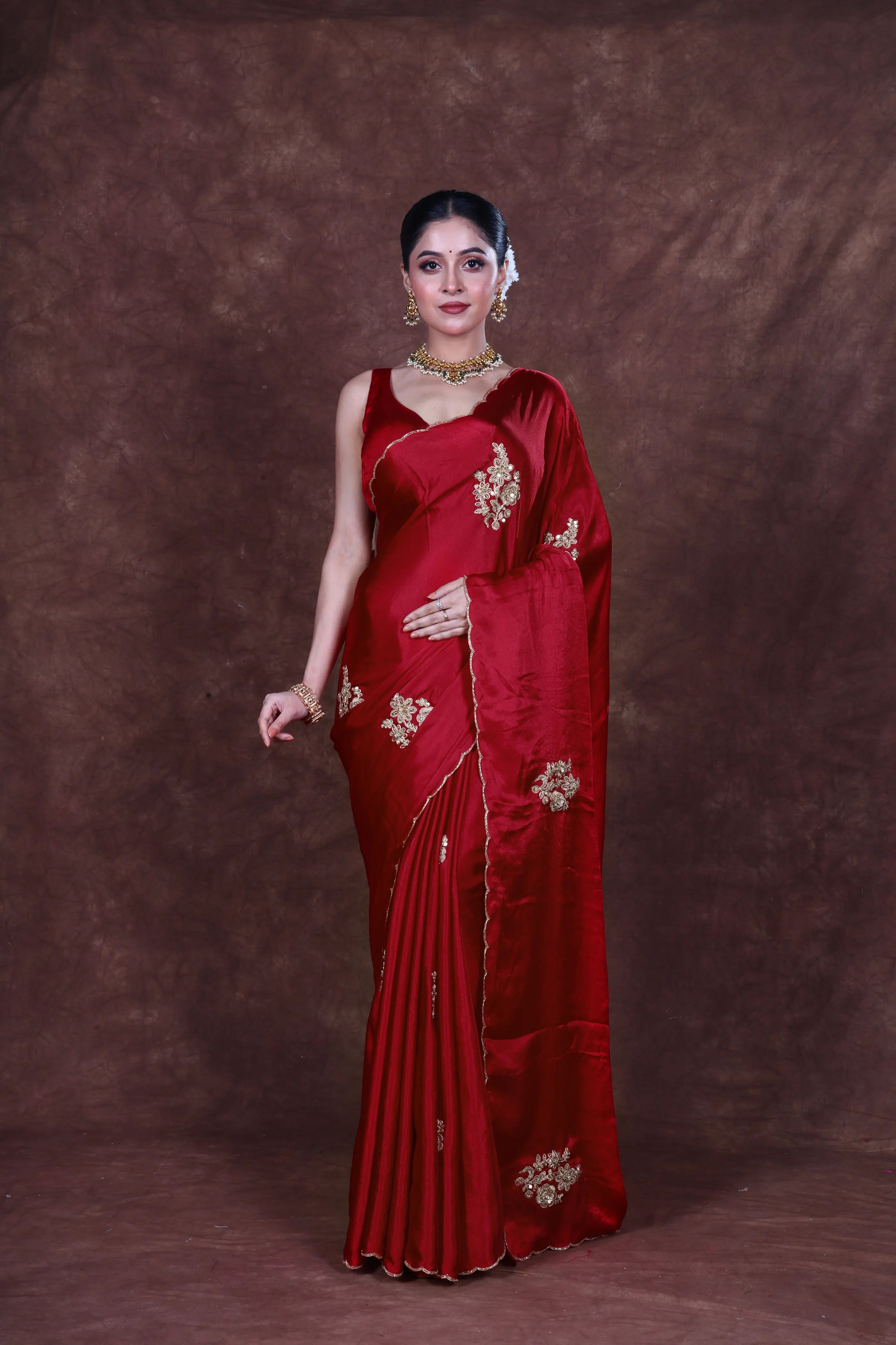 Red Crepe Satin Saree With Blouse Piece