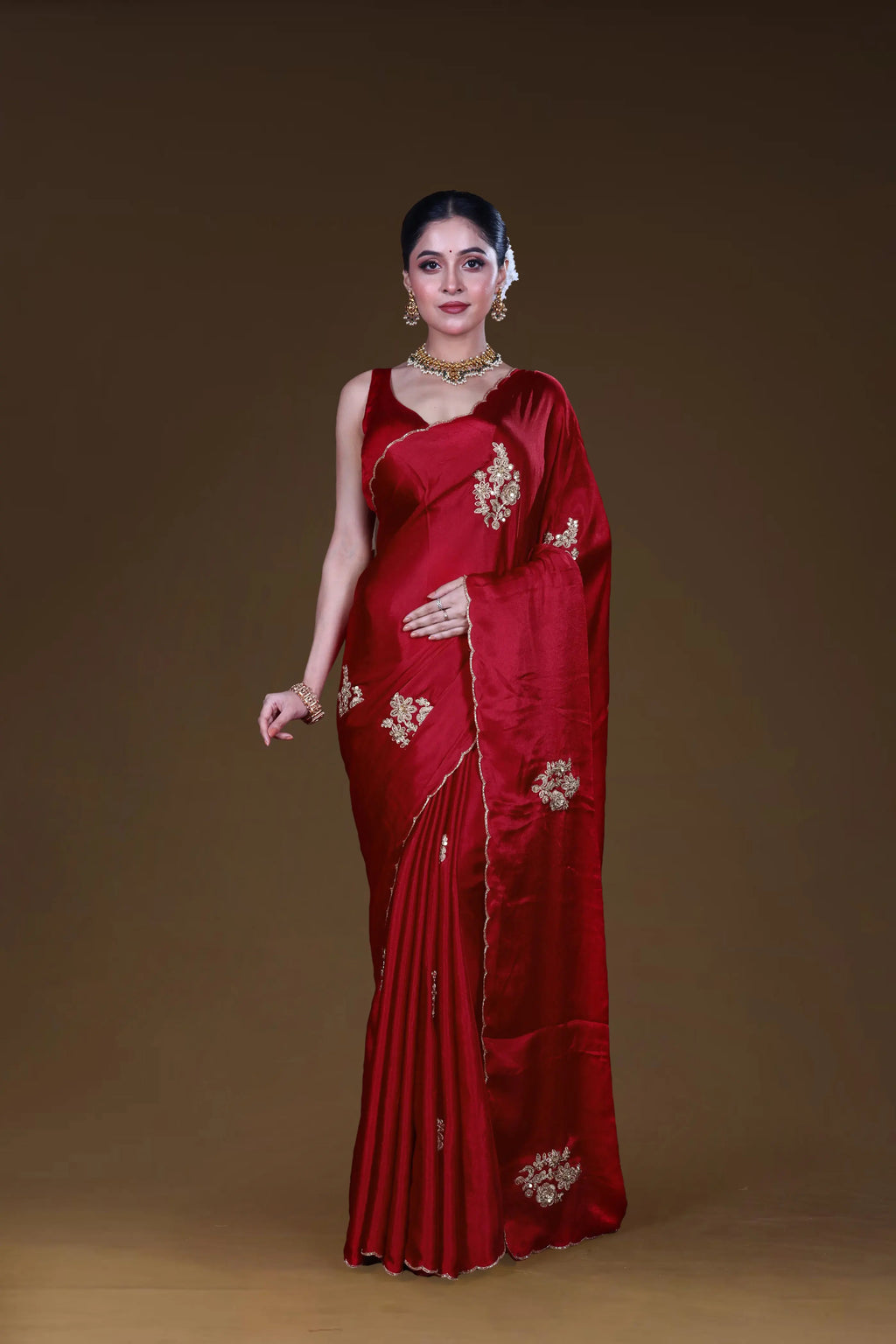 Red Crepe Satin Saree With Blouse Piece
