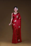 Red Crepe Satin Saree With Blouse Piece