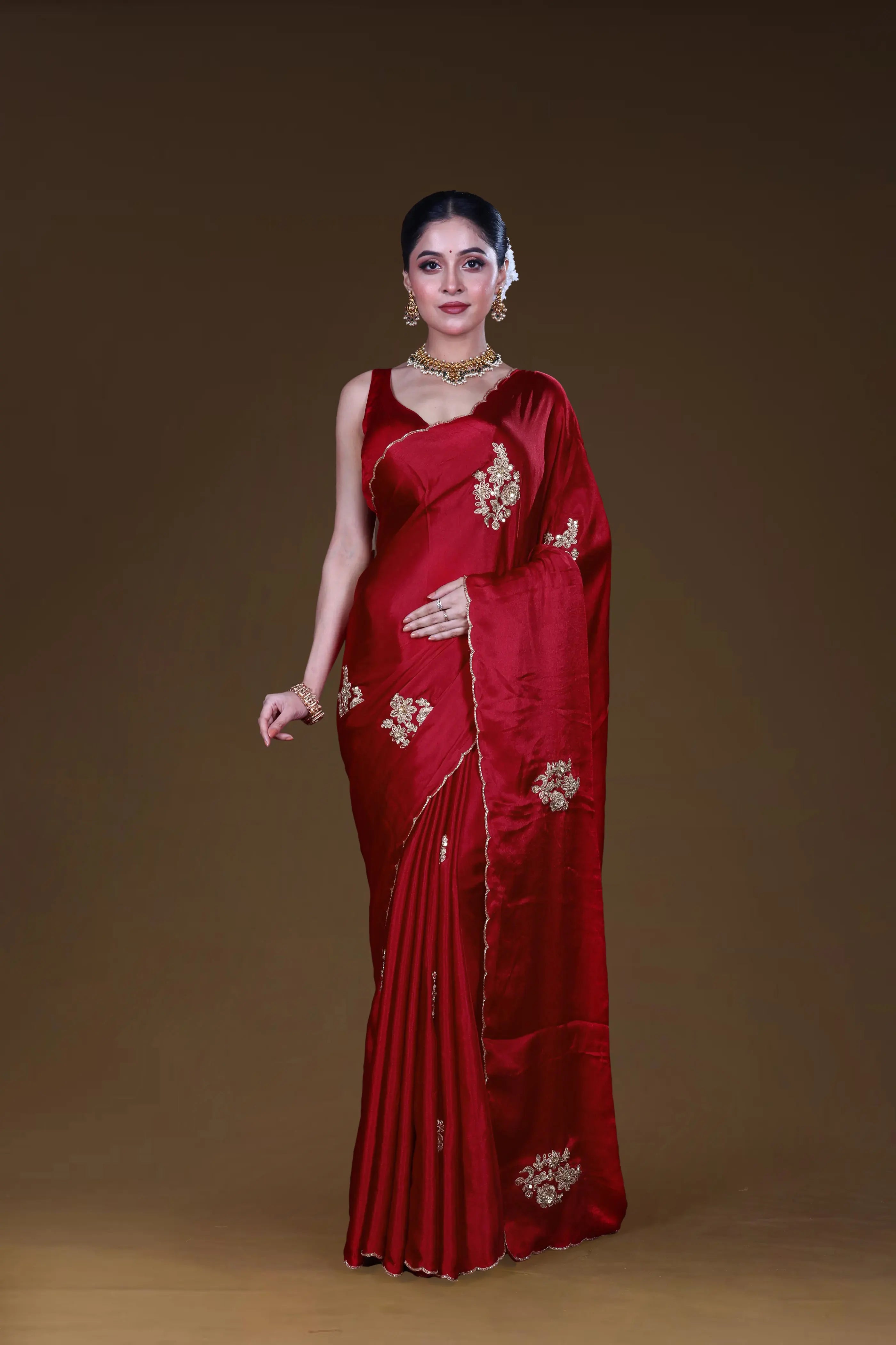 Red Crepe Satin Saree With Blouse Piece
