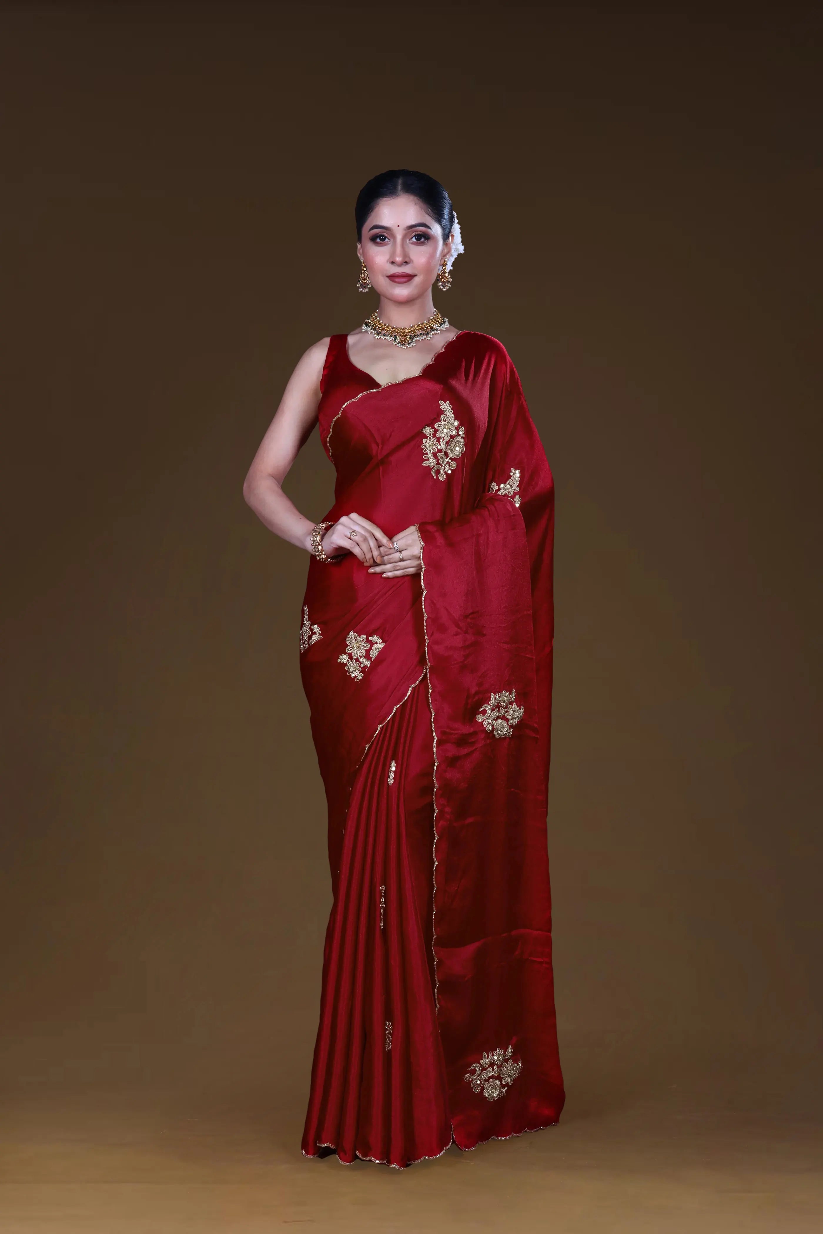 Red Crepe Satin Saree With Blouse Piece