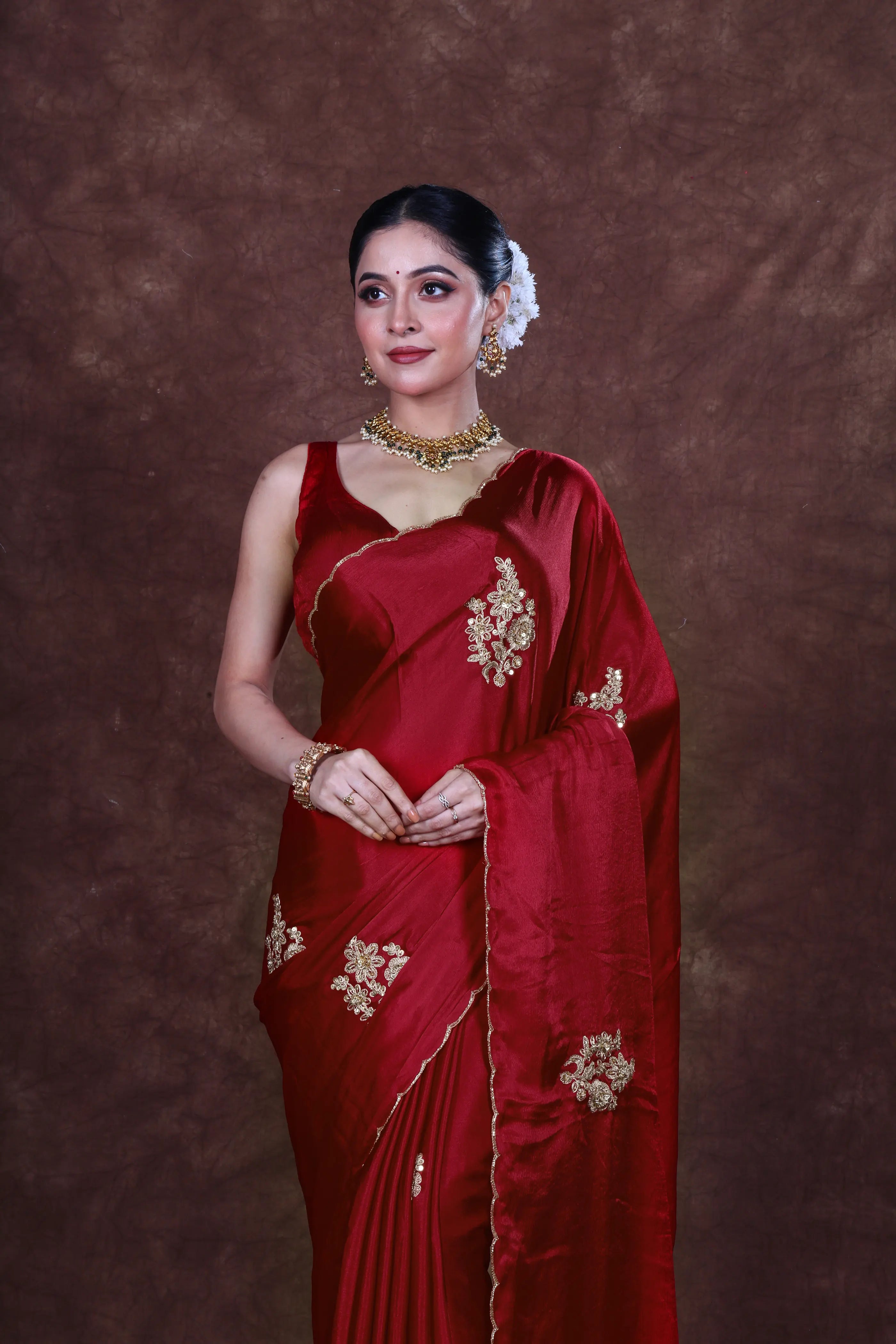 Red Crepe Satin Saree With Blouse Piece